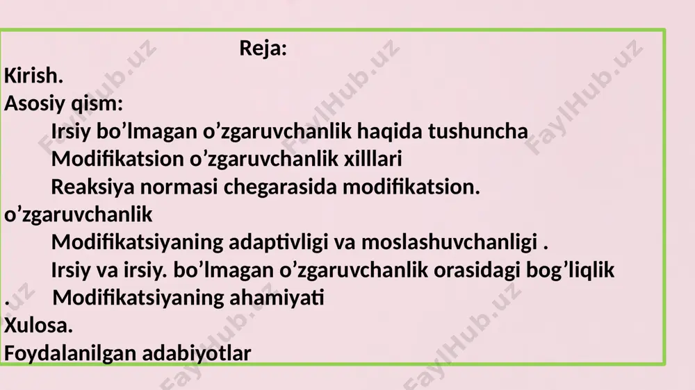 o'zgaruvchanlikning ikki turi mavjud: irsiy bo'lmagan(fenotipik yoki modifikatsiya) irsiy(genotipik). irsiy bo'lmagan (modifikatsiya) o'zgaruvchanlik. ushbu turdagi o'zgaruvchanlik - bu genotipga ta'sir qilmaydigan tashqi muhit omillari ta'sirida yangi belgilarning paydo bo'lish jarayoni. binobarin, belgilarning paydo bo'lgan modifikatsiyalari - modifikatsiyalari meros bo'lib qolmaydi. ikkita bir xil (monozigot) egizaklar bir xil genotiplarga ega, ammo taqdirning irodasi bilan har xil sharoitlarda o'sib ulg'aygan holda bir-biridan juda farq qilishi mumkin. belgilarning rivojlanishiga tashqi muhitning ta'sirini isbotlovchi klassik misol - o'q uchi. bu o'simlik o'sadigan sharoitga qarab uch xil barglarni rivojlantiradi - havoda, suv ustunida yoki sirtda. atrof-muhit sharoitlari ta'sirida belgilar o'zgarishi mumkinligiga qaramay, bu o'zgaruvchanlik cheksiz emas. bu genotipning belgi o'zgarishi sodir bo'lishi mumkin bo'lgan o'ziga xos chegaralarni belgilashi bilan izohlanadi. belgining o'zgaruvchanlik darajasi yoki o'zgaruvchanlik chegarasi deyiladi reaktsiya tezligi. reaksiya tezligi atrof-muhitning turli omillari ta'sirida ma'lum bir genotip asosida hosil bo'lgan organizmlarning fenotiplari yig'indisida ifodalanadi. modifikatsion o`zgarishlar bir qancha tiplarga bo`linadi. shulardan biri modifikatsiyalarning adaptivligidir. …