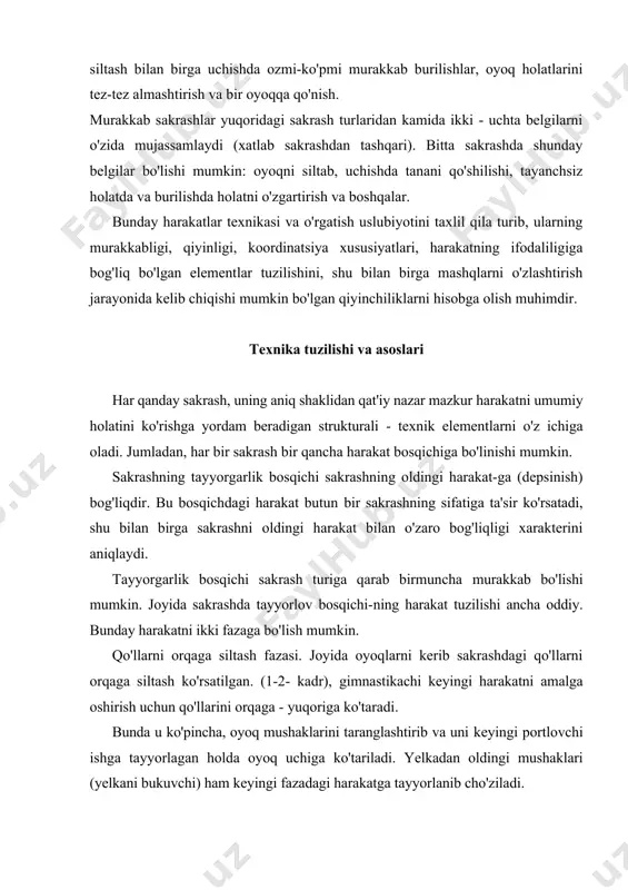 hga o'tadi (pastga qarang). lekin bu fazada qo'llar bilan siltash harakati gimnastikachi tanasining og'irligini yuqoriga emas, pastga o'tishiga yordam beradigimnastikachi qo'llarini siltash bilan bir vaqtda yarim cho'qqayishni ham ijro etadi: sportchi qo'llami siltash paytida oyoq tizzalarini va tos-son bo'g'imini sinxron bukib, oyoq kaftiga to'liq tushadi (10-rasm, 2-5- kadr). juda baland sakrashga erishish uchun yarim cho'qqayish optimal darajada bo'lishi kerak. bu va boshqa holatlarda depsinish paytida oyoq mushaklarini rivojlantiruvchi kuch pasaydi. tizza bo'g'imi burchagi 135-145° orasida o'zgarib turishi yaxshidir. yarim cho'qqayishda mushak tonusining balandligi ham muhimdir. ularning qo'llarini orqaga siltashdan keyin bo'shashishi depsinish kuchining pasayishiga olib keladi. yarimcho'qqayish fazasi tizza va tos-son bo'g'imining buki-lishi maksimum darajaga yetib, qo'uar esa eng pastki holatda bo'lganda tugashi kerak {10-rasm, 5- kadr). sakrashning tayyorgarlik bosqichi dinamikasi o'ziga xosdir. qo'llami orqaga siltash va ungacha bo'lgan (agar, gimnastikachi statik holatda bo'lsa) holatda oyoq bilan tayanchga beriladigan bosim sportchi tanasi og'irligi bilan teng bo'ladi (10-rasm, 1- kadr). yarimcho'qqayish …