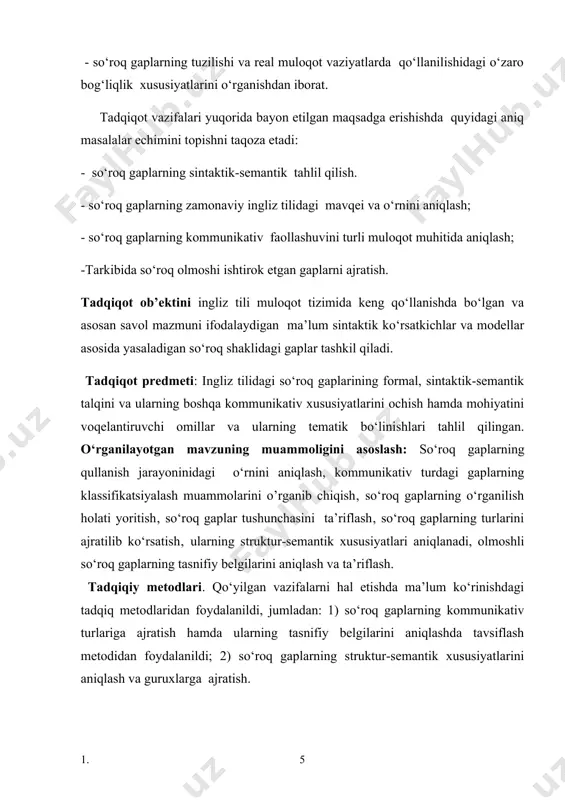 lohida ta’kidlangan. o‘ylaymizki, tadqiqot natijasida erishilgan xulosalardan so‘roq gaplarning semantik- strukturasining tarkibli tizimi va grammatik mohiyatini yanada chuqurroq o‘rganishda foydalanish mumkin. shuningdek, ish natijalari magistrlik dissertatsiyalari, bitiruv malakaviy va kurs ishlarini,maqolalar tayyorlash jarayonida ham foyda keltirishi mumkin. bmining mazmuni gaplarning turlarini aniqlash va so‘roq gaplarning kommunikatsiya jarayonidagi holatini bilish va turlariga ajratish hamda ularning tasnifiy belgilarini aniqlash va tariflash , so‘roq gaplarning sintaktik -semantik xususiyatlarini aniqlash va guruhlarga ajratish, olmoshli so‘roq gaplarning kommunikativ mohiyatini ochish, gaplarning kommunikativ turlarini ya’ni, darak, so‘roq va buyruq gaplar o‘rtasidagi mazmuniy mohiyatini ochib berish va nutqda faollashayotganda o‘z vazifasini yo‘qotib, o‘ziga xos bo‘lmagan kommunikativ funktsiyalarda qo‘llanilishini ochish. ishning tuzilishi. ish kirish‚ ikki bob‚ xulosalar‚ foydalanilgan ilmiy adabiyotlar ro‘yxati‚ lug‘atlar va misollar olingan manbalari ro’yxatidan iboratdir. i.bob . so‘roq gaplarning kommunikativ turlari 1.1.gaplar haqida umumiy ma’limot. bizga ma`lumki , til kishilar orasida eng muhim aloqa vositasi bo‘lib xizmat qiladi . tilda fikr ifodalash , bayon qilish …