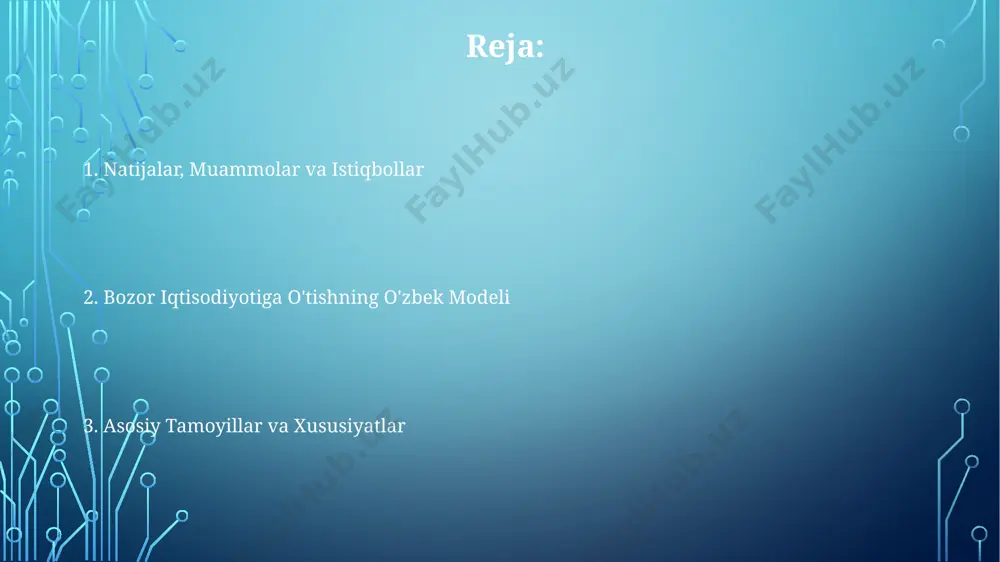 diyotni bosqichma-bosqich isloh qilish, "shok terapiyasi" dan qochish, ijtimoiy himoyani ta'minlash bilan birga, 3 ta asosiy yo'nalishda amalga oshiriladi. qonun ustuvorligi, barcha mulk shakllarining tengligi va xususiy mulk daxlsizligini ta'minlash 7 ta ustuvor vazifa doirasida, islohotlarning muhim elementlaridan biri hisoblanadi. o'zbekistonda davlatning asosiy roli iqtisodiy islohotlarda ustuvor ahamiyatga ega bo'lib, u strategik sohalarni nazorat qiladi va 5 ta tamoyil asosida bozor munosabatlarini rivojlantiradi. iqtisodiyotni liberallashtirish soliq islohotlari 1990-yillarning oxiridan boshlab soliq yukini kamaytirishga qaratilgan bo‘lib, qo‘shilgan qiymat solig‘i (qqs) stavkasi 20 foizdan 15 foizga tushirildi va bu biznes faolligini oshirdi. iqtisodiyotni liberallashtirish liberallashtirish doirasida valyuta siyosati bosqichma-bosqich erkinlashtirildi, natijada 2017-yilda so‘mning konvertatsiyasi ta’minlandi va tashqi savdo operatsiyalari uchun qulay sharoitlar yaratildi. xususiylashtirish jarayoni uchinchi bosqich (1998-2000) strategik ahamiyatga ega korxonalarni xususiylashtirishni nazarda tutdi. xususiylashtirish jarayonida davlat ulushi kamaytirilib, xorijiy investorlar jalb etildi. 70% korxonalar xususiylashtirildi. xususiylashtirishning birinchi bosqichi (1992-1993) kichik korxonalarni o'z ichiga olgan bo'lib, davlat mulkini bepul yoki minimal …