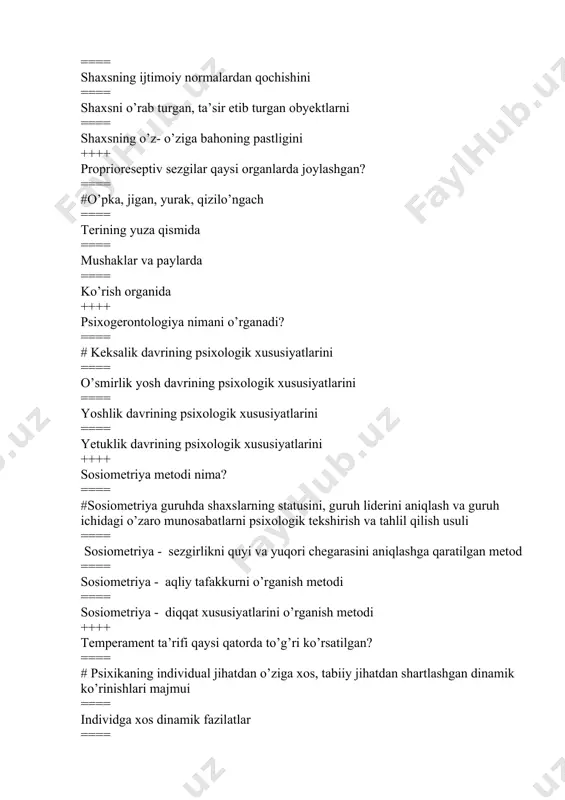 nidan e’tirof etilgan harakatlarga nisbatan talablardir ==== shaxsning jamiyat tomonidan qo’yilgan talablarni bajarishi ==== shaxsning jamiyatdagi biron- bir vaziyatdagi bajarishi lozim bo’lgan xatti- harakatlari ==== shaxsning ko’pchilikning fikriga qarshi borishi ++++ ijtimoiy sanksiya – bu …. ==== # normalarning shaxs xulqida namoyon bo’lishini nazorat qiluvchi jazo va rag’batlantirish mexanizmlar ==== shaxsning ijtimoiy normalarni bajarishi ==== jamoat tomonidan shaxsga qo’yiladigan talablar ==== shaxsning ijtimoiy muhit ta’sirida vujudga kelgan xatti- harakatlari ++++ psixologiyada refleksiya deb nimaga aytiladi? ==== #aynan o’ziga o’xshash odamlar obrazi orqali o’zi to’g’risidagi obrazni shakllantirishdir ==== shaxsning o’zini o’rab turgan kishilardan ta’sirlanishi ==== shaxsning ma’lum bir vaqtda bajarishi lozim bo’lgan xatti- harakatlari ==== shaxsning ijtimoiy muhit ta’sirida vujudga kelgan xatti- harakatlari ++++ individuallik – bu? ==== #individning o’zgachaligi, o’ziga xosligi; ==== shaxsning taraqqiy etishi; ==== individ va shaxs o’rtasidagi tafovut; ==== shaxsni hayvonlardan farqlovchi xususiyat ++++ tugma yo’l bilan, tayyor xolda beriladigan, tirik mavjudotlarning tashki olamga muvofiklashuvini ta’minlaydigan, kat’iy …