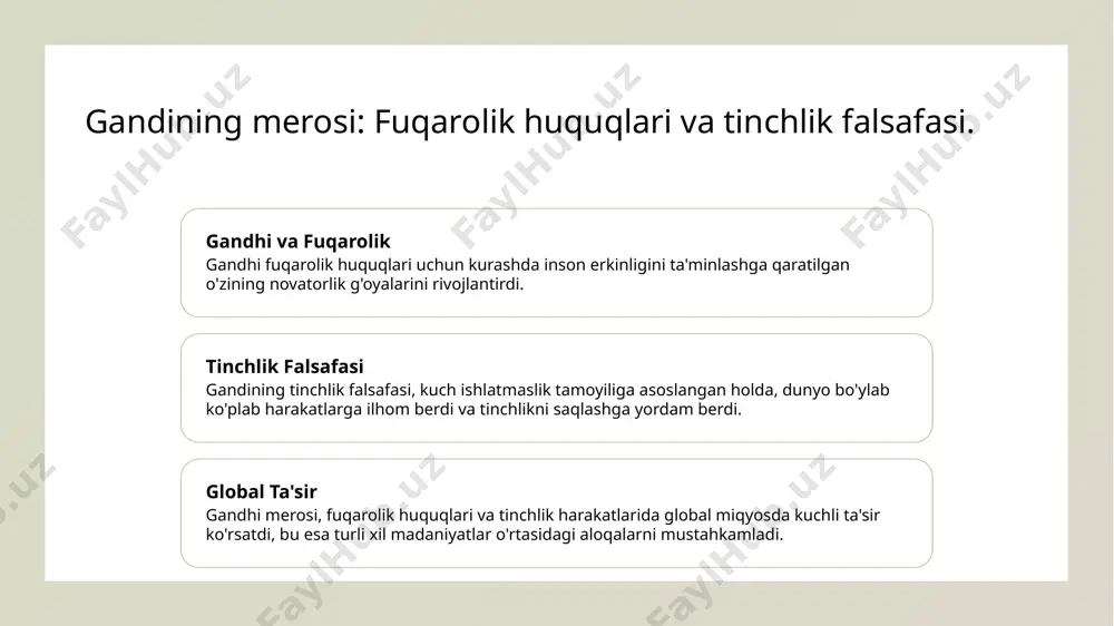 xiy va zamonaviy nuqtai nazar. 01 gandining ta'siri mahatma gandining tinchlik va noviolentlik falsafasi, o'zbekiston madaniyati va tarixiga ta'sir ko'rsatdi, ko'plab ijtimoiy harakatlar va qadriyatlarni shakllantirdi. 02 tarixiy meros o'zbekistonda gandhi g'oyalari, ayniqsa, 20-asr boshidagi mustaqillik harakatlarida muhim rol o'ynadi, xalqning erkinlikka intilishida ilhom manbai bo'ldi. 03 zamonaviy aloqalar hozirgi kunda o'zbekistonda gandining merosi madaniy tadbirlarda, ta'limda va tinchlik targ'ibotida davom etmoqda, yosh avlodga noviolentlik tamoyillarini o'rgatmoqda. nonviolence falsafasi va o'zbekistonning tinchliksevarlik an'analari. 1 noviolentlik tarixi noviolentlik falsafasi tarix davomida muhim rol o'ynadi. o'zbekistonda ham tinchlik va adolat uchun kurashda bu tamoyil qo'llanildi. 2 o'zbekistonda tinchlik o'zbekistonda tinchliksevarlik an'analari qadim zamonlardan boshlab rivojlanib, xalqning birlashishiga va ijtimoiy barqarorlikka xizmat qilmoqda. 3 gandining ta'siri mahatma gandining noviolentlik tamoyillari o'zbekistonning madaniy va ijtimoiy hayotiga ta'sir ko'rsatdi, fuqarolik huquqlari uchun kurashda ilhom manbai bo'ldi. 4 zamonaviy aloqalar bugungi kunda o'zbekiston, gandining noviolentlik falsafasidan foydalanib, tinchlik va barqarorlikni saqlashga intilmoqda, xalqaro hamkorlikni rivojlantirmoqda. gandining …