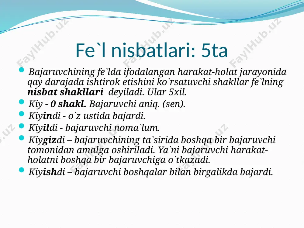 rildi. (o`zlik) mix qoqildi. (majhul) karimjon qoqildi. (o`zlik) 4.orttirma nisbat orttirma nisbat - fe`lga maxsus qo`shimchalar qo`shish orqali hosil qilinadi va bajaruvchining ta`sirida boshqa bir bajaruvchi tomonidan amalga oshirlgan harakat-holatni ifodalaydi. maxsus qo`shimchalar: -t – unli bilan tugagan ko`p bo`g`inli fe`llarga qo`shiladi: sana-t, gulla-t, o`qi-t, ishla-t, to`qi-t. -sat – faqat “ko`rmoq” fe`liga qo`shiladi.: ko`r-sat. -ir, -ar, -iz, -az, -it – undosh bilan tugagan bir bo`g`inli fe`llarga qo`shiladi: bit-ir, chiq-ar, oq-iz, chiq-az, kir-it. -dir, -giz, -gaz, -g`iz, -g`az – jarangli undosh bilan tugagn fe`llarga qo`shiladi: yoz-dir, yur-giz, tur-gaz, tur-g`iz, tur-g`az. -tir, -kiz, -kaz, -qiz, -qaz – jarangsiz undosh bilan tugagan fe`llarga qo`shiladi: kel-tir, ket-kiz, yet-kaz, yut-qiz, o`t-qaz. o`tkaz – bolani ariqdan o`tkaz. o`tqaz – ko`chatlarni o`tqaz. eslatma!!! ba`zan fe`l asosiga orttirma nisbat hosil qiluvchi birdan ortiq qo`shimchalar qo`shilishi mumkin. masalan: o`qi-t o`qi-t-tir, to`l-dir to`l-dir-giz, yoz-dir yoz-dir-tir. bunday holatda orttirma nisbat ma`nosi kuchayadi! 5.birgalik nisbat birgalik nisbat – fe`lga -sh, -ish, qo`shimchasini …