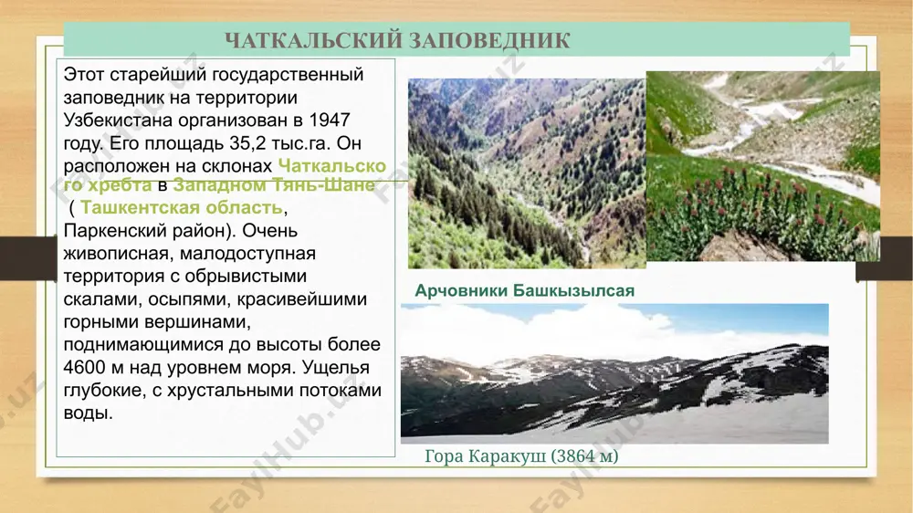о-кустарниковой растительностью массива сыпучих песков района аму-бухарского и аму-каракульского каналов, защиты ирригационных систем от засыпания песком, восстановления флористического и фаунистического комплекса, характерного для южного кызылкума; создания условий для гнездования водоплавающей дичив фильтрационных озерах, образовавшихся во впадинах между песчаными грядами; охраны пролетных птиц во время отдыха и кормежки. территория заповедника представляет собой обширную песчаную равнину с резко континентальным сухим, жарким климатом. максимальная температура в июле +47,1o, зимой, в январе она падает до –22o. среднегодовое количество осадков не превышает 103 мм. относительная влажность воздуха колеблется от 19 до 63%. по территории заповедника проходят параллельно три магистральных оросительных канала. имеется два небольших озера – лайликуль и ходжа саят, вода в них слабоминерализована. зарафшанский заповедник в 1975 г. в самаркандской области образован зарафшанский государственный заповедник. его площадь 2518 га. территория заповедника начинается от чапан-атинских высот и тянется узкой полосой по правому берегу на 46 км вдоль р.зарафшан. заповедник долинный, поймено-тугайный. цель его создания – …