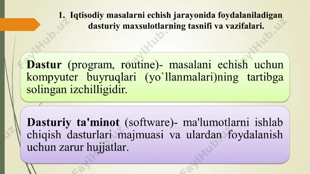 bilan birga foydalanuvchi tizim haqida qancha bilgisi kelsa, shuncha bilish imkoniyatiga ega bo‘lishi kerak. avval qayd etganimizdek, os ning asosiy vazifasi resurslar taqsimoti. dos oilasiga mansub operatsion tizimlar bu oilaning birinchi vakili — ms dos tizimidir (microsoft disk operating system — microsoft firmasining diskli operatsion tizimi). bu operatsion tizim 1981- yilda ibm pc paydo bo’lishi munosabati bilan chiqarilgan. dos oilasining operatsion tizimlari bir vazifali bo‘lib, quyidagi o‘ziga xos xususiyatlarga ega: ehm li interfeys foydalanuvchi kiritadigan buyruq yordamida amalga oshiriladi; tizimni ehmning boshqa turlariga o‘tishni soddalashtiradigan tuzilma mavjudligi; operativ xotiraga kirish hajmining uncha katta emasligi (640 kbayt). dos operatsion tizimi oilalarining jiddiy kamchiligi shaxsiy kompyuterlar va operatsion tizim zaxiralariga ruxsatsiz kirishdan muhofaza vositalarining yo‘qligidir. 2.microsoft windows, apple macintosh, unix va linux opеratsion tizimlarining umumiy ta'rifi. windows oilasiga mansub operatsion tizimlar windows oilasidagi operatsion tizimlar microsoft firmasi tomonidan tayyorlangan. ular qulay grafik interfeysni o‘zida namoyon etuvchi ko‘p vazifali operatsion tizimdir. windows-95 operatsion …