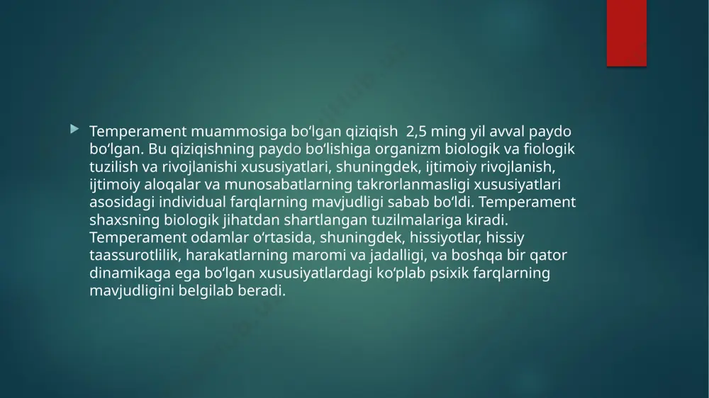 nson, u barchasiga ham munosabat bildirmaydi, agar bildirgudek bo‘lsa ham chuqur o‘ylaydi, o‘z hislarini u darajada namoyon qilmaydi, flegmatik – sust, mutanosib va xotirjam odam, uning emotsional ta’sirlanishi oson emas, va o‘zidan chiqarish qiyin, hislari tashqaridan deyarli namoyon bo‘lmaydi. v.m. rusalov asab tizimi xossalri konsepsiyasi asosida 1980 yil oxirlarida temperament xossalarining ta’rifini keltirgan. u fiziologiyaning hozirgi zamon ma’lumotlaridan foydalandi. v.m. rusalov, p.k. anoxinning funksional tizimlar nazariyasidan kelib chiqqan holda, to‘rtta xil blokdan iborat – axborotni saqlash, harakatlantirish va qayta ishlash (afferent sintez bloki), dasturlash (qaror qabul qilish), ijro qilish va teskari aloqa kabi afferent sintezning kengligi va torligiga, hulq-atvorning bir dasturdan ikkinchisiga osonlik bilan o‘tishga, hulq-atvor joriy dasturining amalga oshish tezligi va harakat real natijasining o‘z akseptoriga mos kelmasligiga nisbatan sezuvchanligiga bog‘liq bo‘lgan temperamentning xossalarini ajratdi. v.m. rusalov konsepsiyasi nuqtai nazaridan temperament – bu psixobiologik daraja bo‘lib, uning xossalari to‘laligicha na tug‘ma, va na muhitga bog‘liq bo‘la oladi temperament haqidagi …