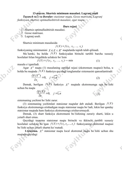 shartsiz minimum masalasi. lagranj usuli — DOC