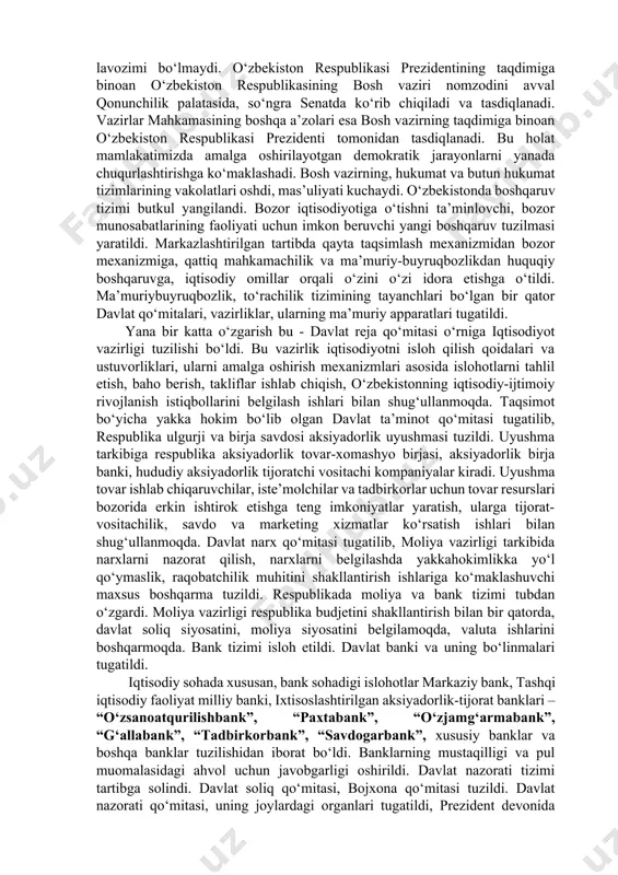 artda respublika ijroiya hokimiyati 41 kishidan iborat etib tuzilgan bo‘lsa, 1995- yil 5 mayda vazirlar mahkamasi 35 kishidan iborat etib tuzildi. 2000 - yil 11 fevralda bo‘lgan ikkinchi chaqiriq o‘zbekiston respublikasining oliy majlisi prezident tavsiyasiga ko‘ra vazirlar mahkamasi tarkibini 34 kishidan - bosh vazir, bosh vazirning birinchi o‘rinbosari, 8 nafar bosh vazir o‘rinbosarlari, 15 nafar vazir va 9 nafar davlat qo‘mitalari raislaridan iborat etib tasdiqladi. 2003 - yil 24 -25 - aprel kunlari bo‘lib o‘tgan o‘zbekiston respublikasi oliy majlisining xi sessiyasida qabul qilingan „o‘zbekiston respublikasining konstitutsiyasiga o‘zgartishlar va qo‘shimchalar kiritish to‘g‘risida“gi qonunga muvofiq vazirlar mahkamasining tarkibi, uni tuzish va tasdiqlash tartibi o‘zgartirildi. o‘zbekiston respublikasi konstitutsiyasi 89- moddasining „o‘zbekiston respublikasi prezidenti ayni vaqtda vazirlar mahkamasining raisi hisoblanadi“ deyilgan qismi olib tashlandi. vazirlar mahkamasi tarkibida rais lavozimi bo‘lmaydi. o‘zbekiston respublikasi prezidentining taqdimiga binoan o‘zbekiston respublikasining bosh vaziri nomzodini avval qonunchilik palatasida, so‘ngra senatda ko‘rib chiqiladi va tasdiqlanadi. vazirlar mahkamasining boshqa a’zolari esa …