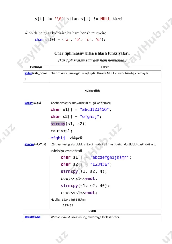 oshlab cnt ta simvolni a char massivga nusxa olish. oxirgi indeksni null qiymatga aulantirish lozim. string s = "abcdefghijklm"; char a[100]; int cnt = 5, from = 3; s.copy(a, cnt, from); a[cnt] = '\0'; cout<<a; a simvolli massiv defgh qiymatini qabul qiladi. s satrni to’liq a char massiviga o’tirish uchun s.copy(a, s.length(), 0); a[s.length()] = '\0'; yoki sikl yordamida amalga oshirishimiz mumkin: for(int i = 0; i < s.length(); i++) { a[i] = s[i]; } a[s.length()] = '\0'; s.c_str(); s satrni char massivga o’zgaruvchida saqlamasdan o’tish. bu funksiydan string ko’rinishida berilgan satr sonni butunga o’tishda foyldalanishimiz mumkin. string s = "42351"; int a = atoi(s.c_str()); cout<<a; belgili massivlar yordamida bajariladigan topshiriqlar 1-topshiriq. 1-variant. matndagi a va y harflarining sonini aniqlash dasturi tuzilsin kiruvchi ma’lumotlar: birinchi satrda s matn berilgan. matn uzunligi 500 dan oshmaydi. matnda a dan z gacha bo’lgan lotin harflari qatnashadi. chiquvchi ma’lumotlar: masala yechimlari birinchi satrda a …