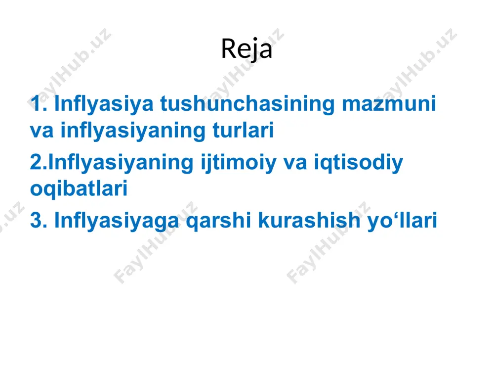 jatlaridir. inflyasiyaning turlari 3. mo‘'tadil (normal) inflyasiya xalqaro valyuta fondi ekspertlarining xulosasiga ko‘ra, agar inflyasiyaning yillik darajasi 3 foizdan oshmasa, bu mo‘'tadil inflyasiya hisoblanadi. yevrohudud mamlakatlari uchun inflyasiyaning yillik sur'atini 2 foizdan oshishiga yo‘l qo‘ymaslik talabi qo‘yilgan. inflyasiyaning turlari 4. sudraluvchi inflyasiya bunda tovarlar va xizmatlarning baholari sekin va past sur'atlarda o‘sib oradi. ko‘pchilik ekspertlarning fikriga ko‘ra, sudraluvchi inflyasiya sharoitida baholarning yillik o‘sish sur'ati 5 foizdan 10 foizgacha bo‘ladi. inflyasiyaning turlari 5. yo‘rg‘alovchi inflyasiya bunda baholarning yillik o‘sish sur'ati 10 foizdan-50 foizgacha bo‘ladi. yo‘rg‘alovchi inflyasiyada baholarning o‘sishi sakragansimon bo‘ladi. davlat tomonidan qo‘shimcha pul emissiyasini amalga oshirilishi ham yo‘g‘alovchi inflyasiyani yuzaga kelishiga sabab bo‘ladi. inflyasiyaning turlari 6. giperinflyasiya giperinflyasiyada tovarlar va xizmatlarning baholarini oylik o‘sish sur'ati 50 foizga yetadi va undan oshadi. demak, inflyasiyaning yillik darajasini 600 foizga yetishi giperinflyasiya hisoblanadi. giperinflyasiyaning kuchayishi natijasida milliy valyuta o‘zining xarid qobiliyatini yo‘qotadi va buning natijasida davlat pul islohoti o‘tkazishga majbur bo‘ladi. germaniyada 1923 …