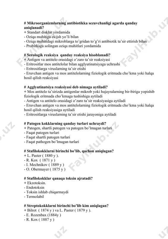 sil qilish reaksiyasiga aytiladi - eritrositlarga viruslarning ta’sir etishi jarayoniga aytiladi # patogen kokklarning qanday turlari uchraydi? + patogen, shartli patogen va patogen bo’lmagan turlari - faqat patogen turlari - faqat shartli patogen turlari - faqat pathogen bo’lmagan turlari # stаfilоkokklаrni birinchi bo’lib, qachon aniqlagan? + l. paster ( 1880 y ). - r. kox ( 1871 y ) - i. mechnikov ( 1889 y ) - o. obermayer ( 1875 y ) # stаfilоkokklаr qanaqa toksin ajratadi? + ekzotoksin. - endotoksin - toksin ishlab chiqarmaydi - termolabil # streptokokklarni birinchi bo’lib kim aniqlagan? + bilrot ( 1874 y ) va l. paster ( 1879 y ). - e. rozenbax (1884y ) - r. kox ( 1887 y ) - l. paster ( 1882 y ) # streptokokklar qanday yo’l bilan tarqaladi? + havo-tomchi, havo-changi yo’li, oziq-ovqat maxsulotlari, maishiy yo’l orqali - oziq-ovqat maxsulotlari, maishiy yo’l orqali - mexanik yo’l …