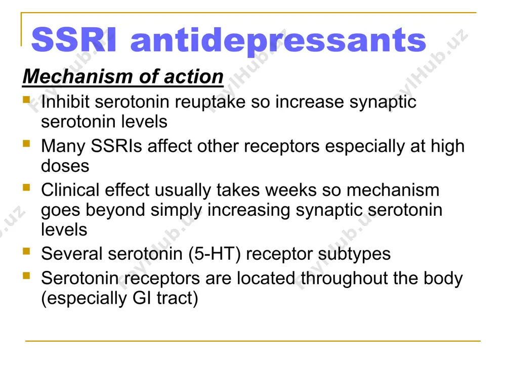 (serzone) rarely used due to irreversible liver toxicity pulled from market by initial manufacturer in 2004 although still available as generic still popular with some patients trazodone (desyrel) sedation, weight gain, low blood pressure used most commonly (off label) for insomnia rare reports of sustained painful erection (priapism) that should be treated in er (can lead to impotence) * tricyclic antidepressants mechanism of action norepinephrine, serotonin, histamine, muscarinic (cholinergic) and α-adrenergic receptor activity although in differing ratios anticholinergic activity leads to many of the side effects of these drugs indications & off-label uses depression and similar spectrum of disorders as ssris especially helpful with chronic pain and depression secondary to medical conditions such as aids enuresis, narcolepsy, premature ejaculation, insomnia, migraine prophylaxis blood levels: may be obtained to monitor dose effectiveness * tricyclic antidepressants drug-drug interactions (ddi) multiple significant interactions in each direction with potentially serious consequences side effects (se) …