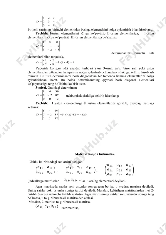 sa aynigan matritsa, chunki, =12-12=0 —matritsa aynimagan, chunki, 2-§ matritsaning tengligi. matritsalar ustida amallar. agar ikkita a va b matritsalarning satr va ustunlarsoni bir xil va mos elementlari o`zaro teng bo`lsa, u holda bu matritsalar o`zaro teng (a=b) matritsalar deyiladi: matritsalar berilgan bo`lib, bo`lsa, a=b bo`ladi. matritsalarni qo`shish. agar ikkita bir xil tartibli kvadrat matritsalar berilgan bo`lsa, u holda ularning yig’indisi bo`ladi. agar bir xil tartibli to`g`ri burchakli matritsalar berilgan bo`lsa, ularning yig`indisi ham xuddi shuningdek aniqlanadi. 1-misol. 2-misol. matritsalarni qo`shish amali o`rin almashtirish va gruppalash qonunlari a+b=b+a, (a+b)+c=a+(b+c) ga bo`ysunishini yengilgina isbotlash mumkin. agar matritsaning hamma elementlari nollardan iborat bo`lsa, u nol-matritsa deb ataladi va (0) yoki 0 ko`rinishida yoziladi. nol matritsani har qanday matritsaga qo`shganda yana o`sha matritsaning o`zi hosil bo`ladi. masalan, matritsani songa ko`paytirish. matritsani μ soniga ko`paytmasi deb, matirtsaga aytiladi. iii-tartibli kvadrat matritsalar, to`g`ri burchakli matritsalar ham songa xuddi shunday ko`paytiriladi. matritsani nolga ko`paytirsak nol matritsa …