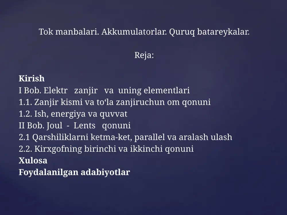 lov kuchaytirgichlari analog mikroelektron apparatura negiz elementlari hisoblanadi. kuchaytirgich deb kirish signali quvvatini kuchaytirishga mo‘ljallagan qurilmaga aytiladi. kuchaytirish manbadan energiya iste’mol qilayotgan tranzistorlar hisobiga amalga oshiriladi. ixtiyoriy kuchaytirgichda kirish signali faqat manbadan energiyani yuklamaga uzatishni boshqaradi. kuchaytirgich xossalarini ifodalash maqsadida kuchlanish bo‘yicha , tok bo‘yicha yoki quvvat bo‘yicha kuchaytirish koeffisientlari qo‘llaniladi. kuchaytirgichlar turli kuchaytirish koeffisienti qiymatlariga ega bo‘lishi mumkin, lekin doim bo‘ladi. kuchlanish bo‘yicha kuchaytirish koeffitsienti desibellarda (db) ga teng. agar ko‘p bosqichli kuchaytirgichning kuchaytirish koeffitsienti desibellarda ifodalansa, u holda ko‘p bosqichli kuchaytirgichning umumiy kuchaytirish bosqich kuchaytirish koeffitsientlari yig‘indisiga teng bo‘ladi. ku, db 0 1 2 3 10 20 40 60 80 ku 1 1,12 1,26 1,41 3,16 10 102 103 104 kuchaytirgich o‘zining kirish va chiqish qarshiliklari bilan, kirish signali manbai – eyuk yeg esa ichki qarshilik bilan xarakterlanadi. agar kuchaytirgichda  bo‘lsa, kuchaytirgich kirishidagi signal manbai yeg ga yaqin kuchlanish yuzaga keltiradi. bunday rejim potensial kirish deb, kuchaytirgichning …