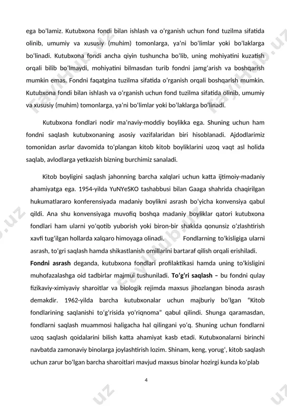 rish va nazorat qilish; -injenerlik-texnikaviy uskunalar (elektr qurilmalar, shamollatgich, suv, quvur, kanalizatsiya tizimlari va boshqalar) ning to‘g‘ri ishlatilishini hamda yong‘in xavfsizligi ustidan doimiy nazorat; -fondni hasharotlar, kemiruvchilar va boshqa kitob zararkunandalaridan biologik himoya qilish. kutubxona fondini saqlashga ijtimoiy-fizikaviy va biologik omillar ta’sir qiladi. fondda normal sanitariya holati hamda iqlim holatini saqlash yo‘li bilan mikroorganizmlarning fondga zararli ta’siri yo‘qotiladi. zarur bo‘lib qolgan vaqtlarda kutubxonachilar fondxonani dezinfeksiyalashni so‘rab sanitariya epidemiologiya stansiyasiga murojaat qiladilar. fondni etilin oksid gazi bilan dezinfeksiya qilish yaxshi samara beradi. fond saqlash sharoiti buzilganda, fondxonada namlik oshib ketganda hasharotlar ko‘payadi. kutubxona fondini tashkil qiladigan materiallarning mustahkam bo‘lishiga ularni himoya qatlami bilan ta’minlash orqali erishiladi. odatdagi qalin muqova, super muqova, papka, quti, g‘ilof, muqovani o‘raydigan kleyonka, kitob tashiladigan idish ana shunday qoplamlar vazifasini o‘taydi. nashrlarning normal fizik holati asrashning to‘g‘ri usullari bilan saqlanadi. kitoblarning aksariyat turlari tikka qo‘yiladi, ularning orasida, albatta, havo o‘tib turadigan tirqish bo‘lishi shart. stelaj tokchalarida bo‘sh …