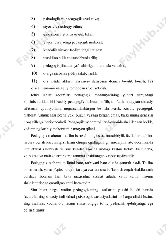 . pedagogik mahorat pedagogik madaniyatning muhim jihatlaridan biri hisoblanadi. shu nuqtai nazardan, pedagogik mahorat pedagogik faoliyatni tashkil qilish va ro’yobga chiqarishda, shuningdek, psixologik va pedagogik bilimlarni har tomonlama kompleks olib borishda muhim ahamiyat kasb etadi. pedagogik madaniyatining tarkibiy qismlari va tizimi bo’lgani kabi, pedagogik mahoratning ham qismlari mavjud bo’lib, quyidagilardan tashkil topgan: · psixologik va pedagogik bilimlar; · pedagogik texnika; – pedagogik ta’sir etish. ichki ishlar organlari xodimlarining psixologik-pedagogik bilimlari deyilganda, asosan, o’quv jarayonida hamda xizmat faoliyatida o’zining maxsus sohasiga xos bo’lgan psixologik va pedagogik bilimlar ko’zda tutiladi. shu bilan birga, ichki ishlar xodimlari shaxs va jamoa psixologiyasiga oid bilimlarni, shuningdek, shaxs psixologiyasini o’rganish metodlarini mukammal bilishlari zarur. ichki ishlar organlari xodimlarining pedagogik madaniyatini shakllantirishning yana bir yo’li – pedagogik texnikadir. pedagogik texnika pedagogik mahoratning tarkibiy qismi hisoblanadi. pedagogik texnika boshqaruv vositasi bo’lib, shaxs va jamoaga nisbatan ta’sir qilish usullari, vositalari, malaka va mahorat yig’indisini o’z ichiga qamrab oladi. pedagogik …