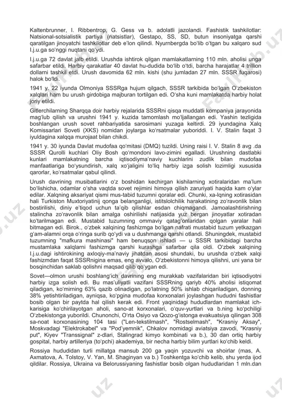 ya, italiya va yaponiyaga qarshi urush eʼlon qildi. sharqda esa yapon militaristlari gollandiya hindistonini (12 mart), filippin o.larini (9 iyun) qoʻlga kiritdi. sovet qoʻshinlari urushning 2-davri (1942 y. noyab.— 1943 y. oxiri) da stalingrad jangi va kursk jangilagm gʻalabalari natijasida olmoniya qoʻ-tpnlari qoʻmondonligi strategik ta- shabbusnp butunlay qoʻldan chiqardi. sssrda na b. hududlarda qarshilik koʻrsatish harakati avj oldi. 1943 y. 13 yanv.da gitler urushda tashabbusni yana qoʻlga olish maqsadida ommaviy safarbarlik eʼlon qildi, lekin shunga qaramasdan 1943 y. may oyiga kelib shim. afrika (q. shimoliy afrika kom-paniyasi), angliya—aqsh qoʻshinlari tomonidan ozod qilindi. 1943 y. iyul-avg . oylarida angliya—amerika desant qoʻshinlari sitsiliya o.ga tushirildi. 1943 y. 25 iyulda italiyada mussolini osib oʻldiriddi va fashistlar rejimi tugatildi. 3 sent.da italiya soʻzsiz taslim boʻlganligi haqidagi hujjatga imzo chekdi. 1943 y.ga kelib fashizmga qarshi boʻlgan kuchlar tobora kuchayib bordi. 1943 y. 3 iyunda jazoirda fransiya milliy ozodlik qoʻmitasi tuzildi. 12—13 iyulda olmoniyada ozod olmoniya …