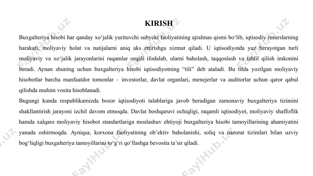 na yondashuvni ta’minlaydi. buxgalteriya tamoyillari hisob jarayonining to‘g‘riligini kafolatlaydi va moliyaviy ma’lumotlarning haqqoniy, solishtiriladigan va foydali bo‘lishiga xizmat qiladi. bu tamoyillar korxonaning moliyaviy axborotini barcha foydalanuvchilar uchun tushunarli va ishonchli holatda taqdim etish uchun muhim ahamiyat kasb etadi. asosiy tamoyil – pulda ifodalash pulda ifodalash tamoyili buxgalteriya hisobining asosiy qoidalaridan biri bo‘lib, barcha xo‘jalik operatsiyalari faqat pul birligida ifodalanadi. bu tamoyil asosida ishlab chiqarilgan mahsulotlar, ko‘rsatilgan xizmatlar, xarajatlar va daromadlar pulda baholanib, hisobga olinadi. masalan, korxona 10 million so‘mlik xomashyo sotib olgan bo‘lsa, bu operatsiya aynan shu pul miqdorida buxgalteriya hujjatlarida qayd etiladi. natijada, barcha moliyaviy ma’lumotlar yagona o‘lchov birligida taqdim etilib, tahlil va solishtirish imkonini beradi. ikkiyoqlama yozuv tamoyili ikkiyoqlama yozuv tamoyiliga ko‘ra, har bir xo‘jalik operatsiyasi buxgalteriya hisobida bir vaqtning o‘zida ikkita schyotda – debet va kredit tomonlarda qayd etiladi. bu usul orqali moliyaviy muvozanat ta’minlanadi va korxona faoliyati to‘liq aks ettiriladi. masalan, korxona bank hisob raqamidan 5 …