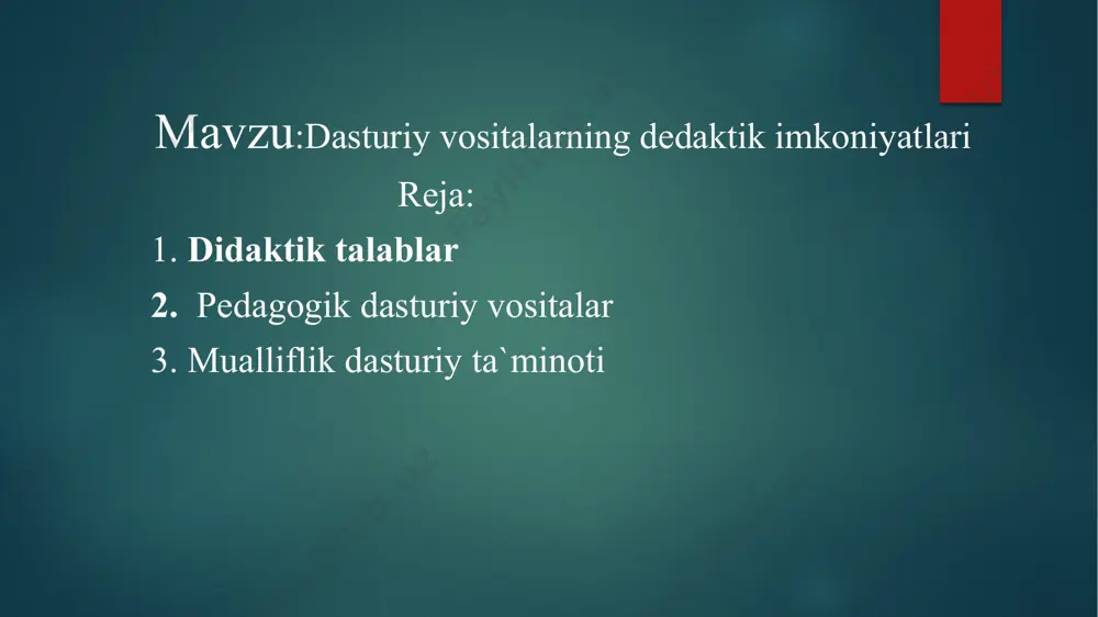 vuri, yoshi va individual psixologik xususiyatlarini hisobga olish (egallagan bilim, ko`nikma va malakalarini hisobga olib, o`quv fani mazmuni hamda o`quv masalalari murakkablik darajasi o`quvchilarning yosh imkoniyatlari va individual xususiyatlariga mos kelishi, o`quv materialini o`zlashtirishda ortiqcha his-hayajonli, asabiy, aqliy yuklamalardan ta`sirlanishdan himoyalash) kiradi. texnik talablarga shaxsiy kompyuterlar va ularning tashqi qurilmalari, test o`tkaziladigan manbalar kiradi.tarmoq talablariga «mijoz-server» arxitekturasi, internet-navigatorlar, tarmoq operasion tizimlari, telekommunikasiya, boshqaruv vositalari (o`qitish jarayonini individual va jamoaviy ishlari, tashqi qayta aloqa) kiradi.estetik talablarga quyidagilar kiradi: tartiblilik va ifodalilik (elementlari, joylashishi, o`lchami, rangi), bezashning funksional vazifasi va ergonomik talablarga mosligi.maxsus talablarga quyidagilar kiradi: interfaollik, maqsadga yo`nalganlik, mustaqillik va moslashuvchanlik, audiolashtirish, ko`rgazmalilik, kirish nazorati, intellektual rivojlanish, differensiasiyalash(tabaqalashtirish), kreativlik, ochiqlik, qayta aloqa, funksionalilik, ishonchlilik.ergonomik talablarga quyidagilar kiradi: do`stonalik, foydalanuvchiga moslashish, ekran shakllarini tashkil etish. metodik talablar pedagogik dasturiy vositalar asosida o`qitishga mo`ljallangan o`quv fanining o`ziga xos xususiyatlarini, uning qonuniyatlarini, izlanish metodlari, axborotga ishlov berishning zamonaviy usullarini joriy qilish imkoniyatlarini hisobga olishni …