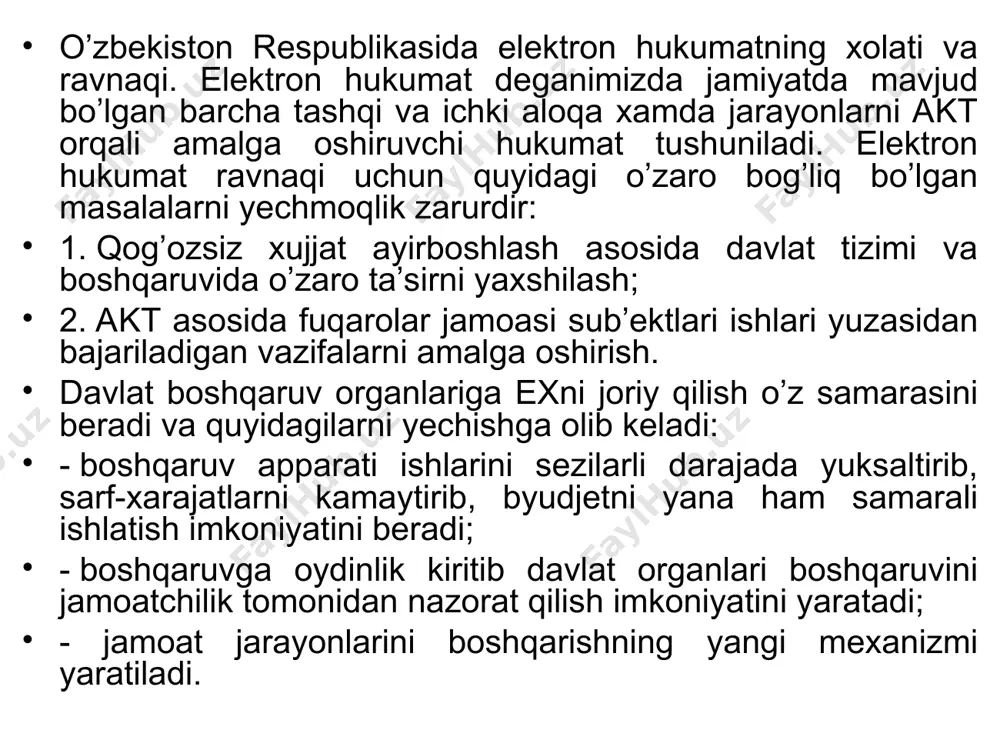 sifatida o’zbekiston hukumati tomonidan aktni rivojlantirish va eh qo’llash natijasida bir nechta ma’muriy hujjatlar qabul qilindi.2015 yil 9 dekabrda elektron hukumat to‘g‘risida qonun qabul qilindi.natijada yangi vertikal ijroiy hokimiyati barpo qilinib korxonalararo yaratilayotgan axborotlashtirish jarayonini boshqaruv dasturini bajarilishini nazorat qilish markazi yaratildi. bu dasturni anchagina markaziy va mahalliy boshqaruv organlari ma’qullab, ko’pchiligi dasturning mustaqil strukturasiga ega bo’lib, ularga korxonalararo axborotlashtirish jarayonini joriy qilishga javobgarlik yuklatildi. so‘ngra davlat boshqaruv organlariga yangi texnologik boshqaruv usullari kirib keldi. o’zbekiston respublikasining hukumat portalining axborot resursi bo’lib internet tizimida o’rnatilgan www.gov.uz portaldan iborat. u o’zbek, rus va ingliz tilida yozilgan. o‘zbekiston respublikasining hukumat portali davlat hokimiyati organlari faoliyatining funktsional jarayon va tartibini qo`llab-quvvatlovchi, davlat hokimiyati va boshqaruvi organlarining elyektron hamjihatlik infratuzilmasining tizimini tashkil etuvchi qism hisoblanadi. portalning asosiy maqsadlari: - fuqarolar va xo`jalik sub’yektlariga hokimiyat va boshqaruvi organlari tomonidan taqdim etiladigan axborot ryesurslari va xizmatlarining hajmini oshirishga mo`ljallangan ixtisoslashtirilgan axborot tizimini yaratish; - o`zbekiston respublikasi …