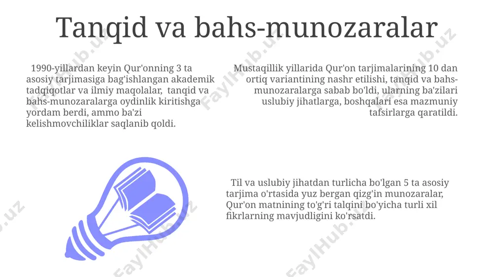 rgan. muhammad sodiq muhammad yusufning qur’on tarjimasi o‘zining sodda va ravon tili bilan keng ommalashgan bo‘lib, bir necha qayta nashrlardan o‘tgan. 1990-yillardan keyin o‘zbek tiliga qilingan qur’on tarjimalarining aksariyati o‘zbek adabiy tilining norma va qoidalariga muvofiqlashtirilgan holda taqdim etilgan. e'tiboringiz uchun rahmat @taqdimot_robot image1.jpeg image2.jpeg image3.jpeg