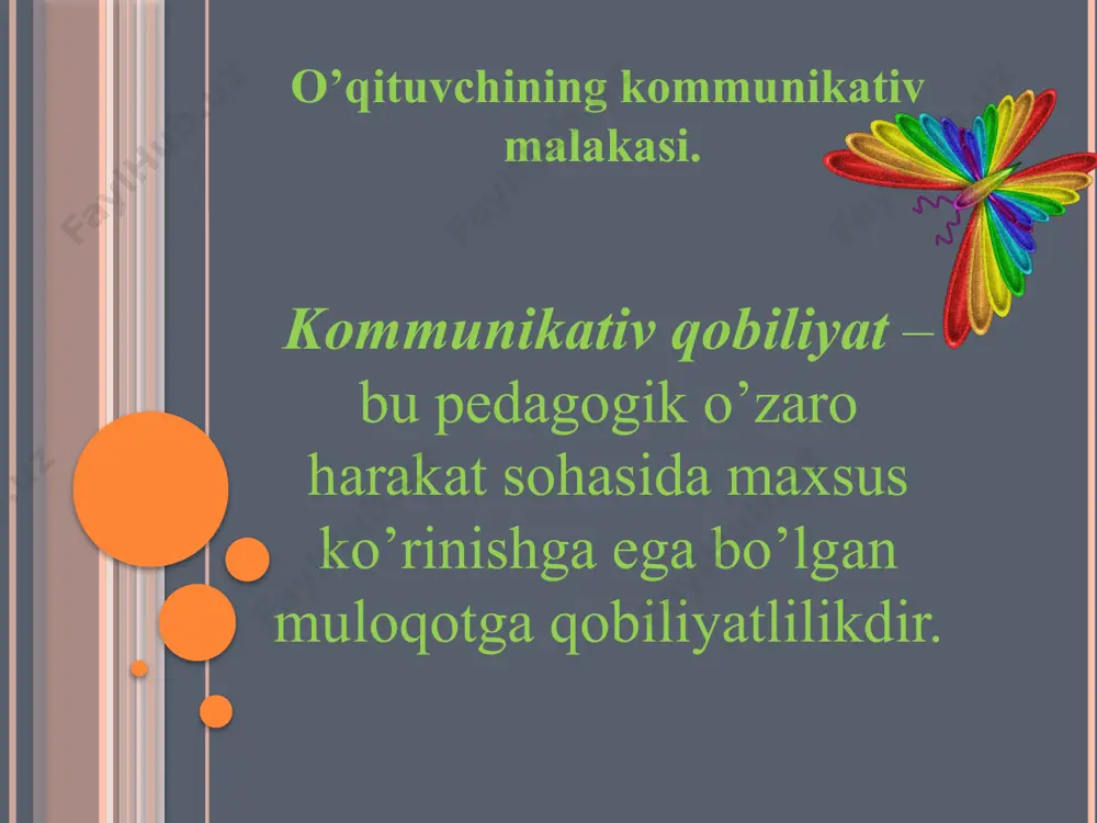 h asosida o‘z-o‘zini tarbiyalash dasturini ishlab chiqish. 2. o‘z kasbiy faoliyatiga quyidagi yo‘nalishlarda baho berish maq­sadga muvofiq: kishilar bilan bo‘lgan muomaladan so‘ng olingan taassu­rotlarni tahlil qilish, o‘quvchilar bilan muomalaning so‘nggi holatlarini o‘rganib, muomala haqida o‘zining yutuq va kamchiliklarini tahlil qilish, muomaladagi imkoniyatlaringizni atrofdagilar (o‘qituvchilar jamoasi, ota-onalar, o‘quvchilar) qanday baholashi haqidagi tasavvurlarga ega bo‘lish. 3. o‘zida insonparvarlikning asosiy xususiyatlarini rivojlantirish yuzasidan ixtisoslashtirilgan o‘z-o‘ziga ta’sir o‘tkazuvchi “autogen” mashqlar asosida ishlash. 4. o‘quvchilar va ota-onalar bilan turli jamoat ishlarini olib borish, bundan o‘zaro fikr almashish faoliyatida ko‘nikma va malakalar (ma’ru­zalar, suhbatlar, kamolot yoshlar uyushmalari) hosil bo‘ladi. 5. so‘z bilan og‘zaki ta’sir o‘tkazishda salbiy kayfiyatlarni yengish tajribasini shakllantiradigan va xushmuomalalikni rivojlantiradigan vazi­yatlar tizimini yaratish. 6. xushmuomalalikka milliy an’ana va urf-odatlarimiz, o‘zbekona mu­o­mala madaniyati, milliy ma’naviyatimiz nuqtai nazaridan yon­dashish. 7. o‘z ona tilida puxta, lo‘nda va jarangdor so‘zlar tuza olish va uni nut­qiy mahorat bilan ifodalash ta’lim muassasalarida o‘rganilayotgan har bir fan o‘qituvchisi uchun eng …