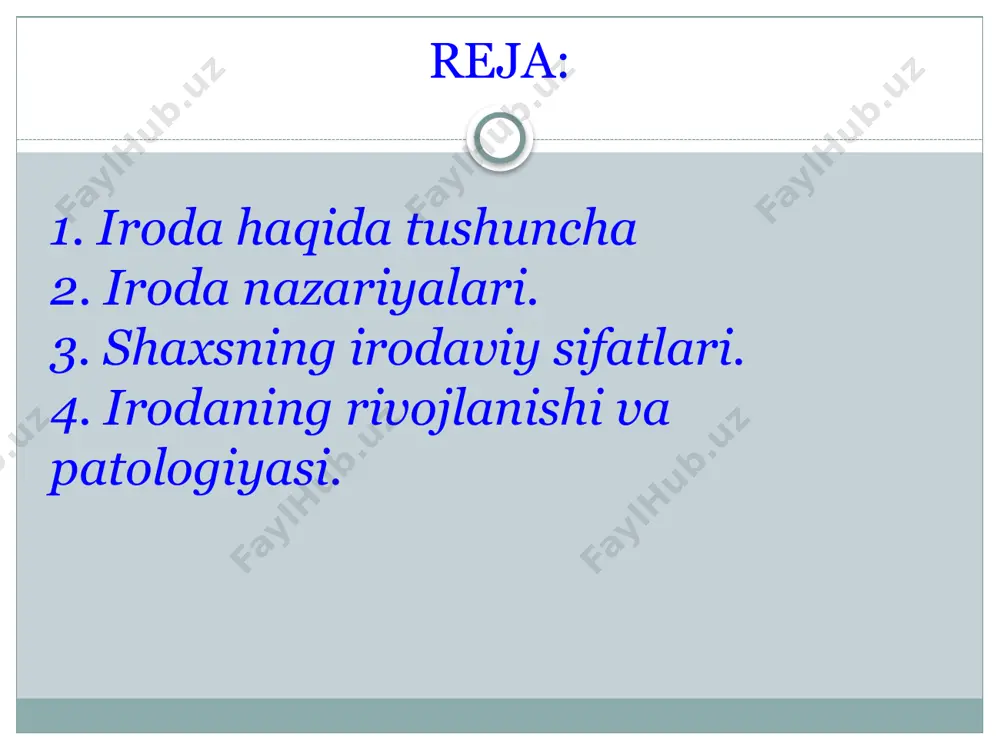 i, deb tushuntirish mumkin emas, chunki uning shaxsiy kuch-quvvatini hissiy intilish bilan uzviylikda qarash lozim. spinozaning fikricha, iroda bilan aql aynan bir narsadir. unga bunday yondashish irodaning ilmiy nuqtai nazardan tushuntirishni shakllantirgan bo’lsa, ikkinchi bir tomondan u mustaqil substansiya sifatida tan olindi. v.vundtning mulohazasicha, irodaning negizida appersepsiya aktining sub'ekti tomonidan ichki faollik uniki ekanligini his etish yotadi. uning bu konsepsiyasi emosional yoki affektiv nom bilan psixologiya faniga kirib keldi. u.djeymsning tan olishicha, irodaviy harakatlar boshqa ruhiy jarayonlarga qorishtirib bo’lmaydigan birlamchi xususiyatga egadirlar. har qanday g’oya dastlab dinamik tendensiyaga ega bo’lganligi tufayli irodaviy aktning vazifasi diqqat yordami bilan bir g’oyaning boshqasi ustidan ustuvorligini ta'minlashdan iboratdir. iroda borasidagi nazariyalar etarli darajada qat'iy fikr qaror topganligi, iroda - bu insonning qo’yilgan maqsadlariga erishish uchun qilgan faolligidir. iroda tushunchasi mohiyatiga inson tomonidan maqsad g’o’ya olish kabi shaxsiy gavdasini va xulqini idora qilish ham kiritiladi. i.v.selivanov irodani tadqiq etish negizidan kelib chiqqan holda ayrim xulosalarni …
