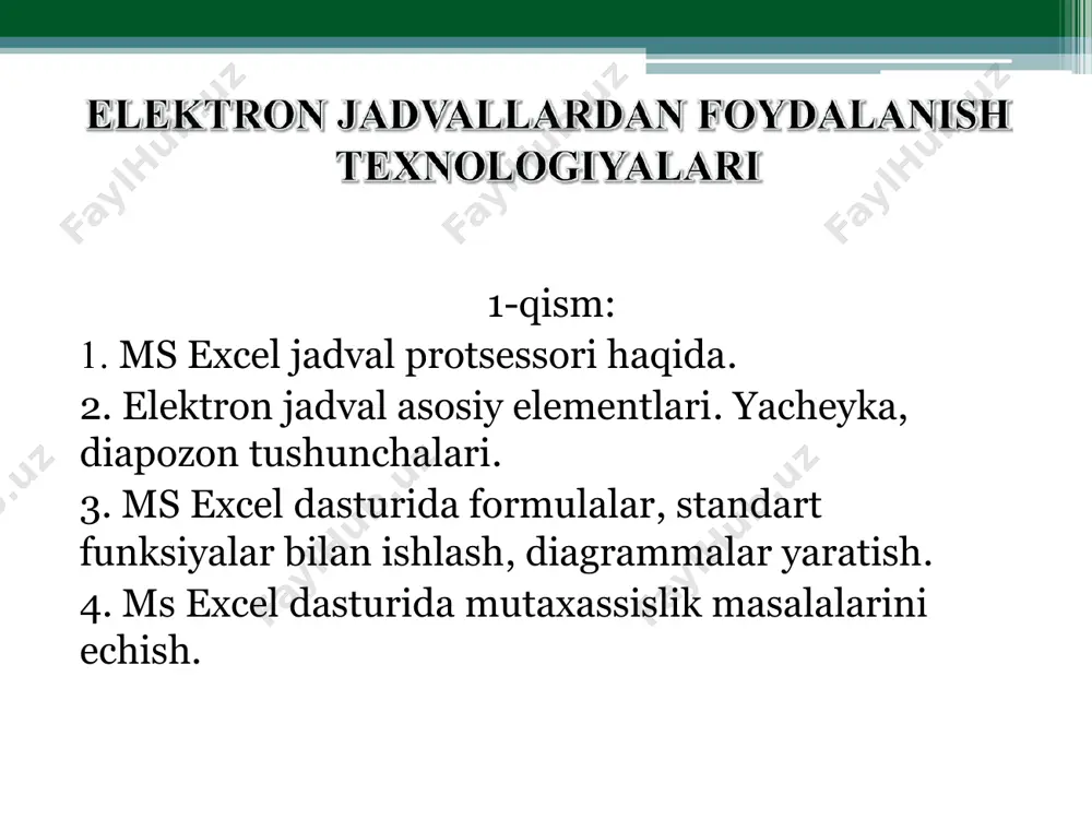 anmagan hujjatlarni ochishimiz mumkin. “сведения” quyidagi ko`rinishda bo`ladi: “последние” bu еrda ms excel dasturi yordamida yaratilgan oxirgi hujjatlar ro`yxatini ko`rish mumkin va u quyidagicha bo`ladi: “создать” “создать” buyrug’i orqali biz yangi книга(китоб) yaratishimiz mumkin. buning uchun “файл”-“создать”-“новая книга” buyruqlarini bajarib, “создать” tugmasini bosishimiz kеrak bo`ladi. “печать” “печать” buyrug’i yordamida hujjatni qog`ozga printеr orqali chiqarish mumkin. office excel 2010 dasturida hujjatni yaqqol ko`ra olish imkoniyati mavjud bo`lib, uning yordamida chop etiladigan hujjatning xolatini ko`rish va taxrirlash mumkin. “сохранить и отправить” tayyor bo`lgan hujjatni saqlab elеktron xolatini intеrnеt orqali yuborish uchun foydalaniladi. bu buyruq orqali hujjatni vеb saytlarda taqdim etish hamda turli tipdagi formatlarda saqlab jo`natish mumkin. “справка” bu еrda foydalanuvchi ishlayotgan microsoft office excel 2010 dasturi haqida ma`lumot bеrilgan bo`ladi. “параметры” va “выход” “параметры” tugmasini bossangiz quyidagi muloqot oynasi ochiladi va u еrda siz dasturning sozlanmalariga o`zgartirish kiritishingiz mumkin “выход” buyrug’idan foydalanib hujjatni yopish, dasturdan chiqish mumkin. microsoft excel dasturining menyulari: …