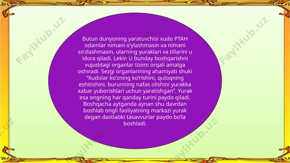 ogik g’oyalar taraqqiyoti qonuniyatlari sharqda ham, g’arbda ham bir xil. hamma yеrda ilmiy tasavvurlarning tug’ilishi va evolyutsiyasi organizmni tabiatning bir bo’lagi sifatida, tajriba yo’li bilan o’rganishdan boshlangan. hamma yеrda bu tasavvurlar g’oyaviy kurashning qiyin bosqichlarini bosib o’tgan. e’tiboringiz uchun raxmat!!! image1.jpeg image2.png image3.png image4.jpeg