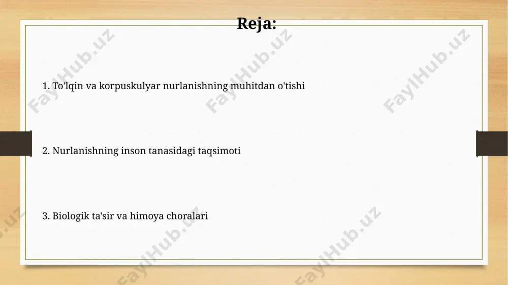 keskin ortadi. yutish va sochilish hodisalari suyak to'qimasida yutilish va sochilishning umumiy miqdori yumshoq to'qimalarga nisbatan 3-5 baravar yuqori, bu kompyuter tomografiyasi asosidir. yutilish koeffitsiyenti to'qimalarning zichligiga va nurlanish energiyasiga bog'liq bo'lib, masalan, suyak to'qimasida 10-20% yuqoriroq bo'ladi. energianing biologik to'qimalarda taqsimoti yuqori energiyali fotonlarning biologik to'qimalardagi taqsimoti, ularning energiyasi va o'tkazuvchanlik koeffitsiyentiga bog'liq bo'lib, 1 mev dan yuqori energiyali fotonlar terining chuqur qatlamlariga ham yetib boradi. beta zarralarining to'qimalardagi o'rtacha yugurish masofasi ularning energiyasiga bog'liq bo'lib, masalan, 1 mev li beta zarrasi taxminan 4 mm gacha masofani bosib o'tishi mumkin. nurlanishdan himoya qilish usullari yuqori energiyali zarralar oqimidan himoyalanish uchun maxsus materiallar, masalan, polietilen yoki suvdan yasalgan qalqonlardan foydalanish tavsiya etiladi, ularning qalinligi nurlanish turiga va energiyasiga bog'liq. nurlanishdan himoyalanishning samarali usullaridan biri, 0,5 mm qalinlikdagi qo'rg'oshin yoki 2-3 sm beton devorlardan foydalanish orqali gamma-nurlanish darajasini sezilarli darajada kamaytirish mumkin. dozimetriya va radiobiologiya asoslari "dozimetriya va radiobiologiya asoslari" kursi …