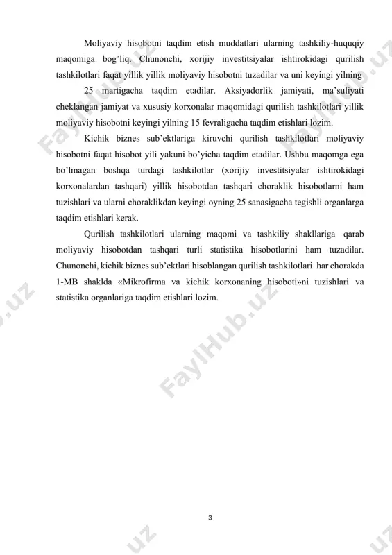 qurilish va ixtisoslashgan tashkilotlar; · 62010 -ishlab chiqarish maqsadidagi bino va inshoatlarni kapital ta’mirlashni bajaruvchi tashkilotlar; · 63000 - noishlab chiqarish maqsadidagi bino va inshoatlarni ta’mirlash, aholi buyurtmasiga ko’ra yashash joylarini ta’mirlash va qurish ishlarini bajaruvchi tashkilotlar; · 65000 - burg’ulash ishlarini bajaruvchi tashkilotlar; · 66000 - loyiha, loyiha-qidiruv va qidiruv tashkilotlari; · 69000 - qurilish xo’jalik boshqarmalari qurilish tashkilotlarini xo’jalik yurituvchi sub’ektlar sifatida turli belgilari bo’yicha tasniflash mumkin. mulkiy shakli va yuridik maqomiga ko’ra qurilish tashkilotlari ochiq aksiyadorlik jamiyatlari (oaj), mac’uliyati cheklangan jamiyatlar (mchj), xususiy korxonalar (firmalar) va davlat unitar korxonalari bo’lishi mumkin. ushbu maqomdagi qurilish tashkilotlarini tuzish va ular faoliyatini yuritish respublikamizda bu turdagi xo’jalik yurituvchi sub’ektlar to’g’risidagi qonunlar va qonun osti hujjatlari, shuningdek ushbu tashkilotlarning ta’sis hujjatlari asosida amalga oshiriladi. nomlanishiga ko’ra ham qurilish tashkilotlari turlichadir. chunonchi, ularning eng keng tarqalgan nomi bo’lib harakatlanuvchi mexanizatsiyalashgan kolonna (xmk–pmk) hisoblanadi. qurilish tashkilotlariga bunday nomni berilishi negizida ularning qurilish, qurilish …