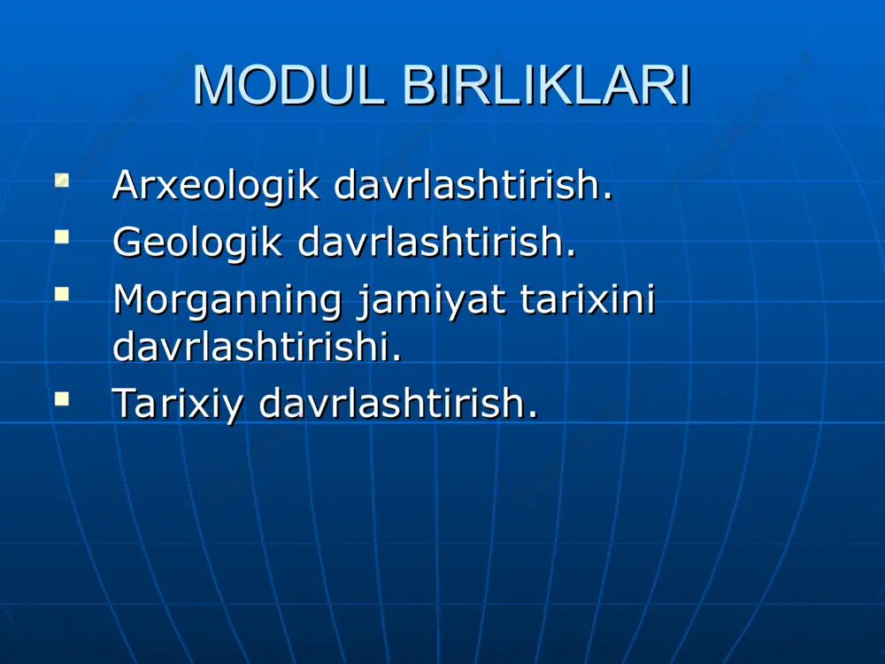 loglar ibtidoiy davr kishilaridan qolgan moddiy va madaniy buyumlarni o`rganish asosida kishilikning ibtidoiy tarixini uch davrga: tosh, bronza va tеmir asrlariga bo`ladilar. arxеologik davrlashtirish tosh bronza (3 ming yillik) tеmir (1 ming yillik) tosh asri esa o`z o`rnida yana qadimgi va yangi tosh davrlariga bo`linadi. qadimgi tosh asri qazilma odamlarning yashagan davri hisoblanadi. u vaqtda еrning iqlimi, o`simliklar va hayvonot dunyosi hozirgidan farq qilar edi. qadimgi tosh asri kishilari silliqlangan tosh qurollar va sopol idishlarni bilmaganlar. ular yog`ochdan tayyorlangan so`yil va oddiy tosh qurollaridan foydalanilganlar. qadimgi tosh asri kishilari ovchilik va tеrmachilik bilan shug`ullanganlar, baliqchilik esa endi shakllana boshlagan bo`lib, ular dеhqonchilik va chorvachilikdan mutloqo xabarsiz edilar. kishilik jamiyati tarixining juda katta davrini o`z ichiga qamrab olgan tosh davri ikki bosqichga: eng qadimgi (quyi, ilk) kеyingi (yuqori) tosh asrlariga bo`linadi. eng qadimgi tosh asri olduvay (ashеlgacha) qadimgi ashеl kеyingi ashеl o`rta ashеl mustе davrlariga bo`linadi. uning eng quyi sanasi 3,5-3 …