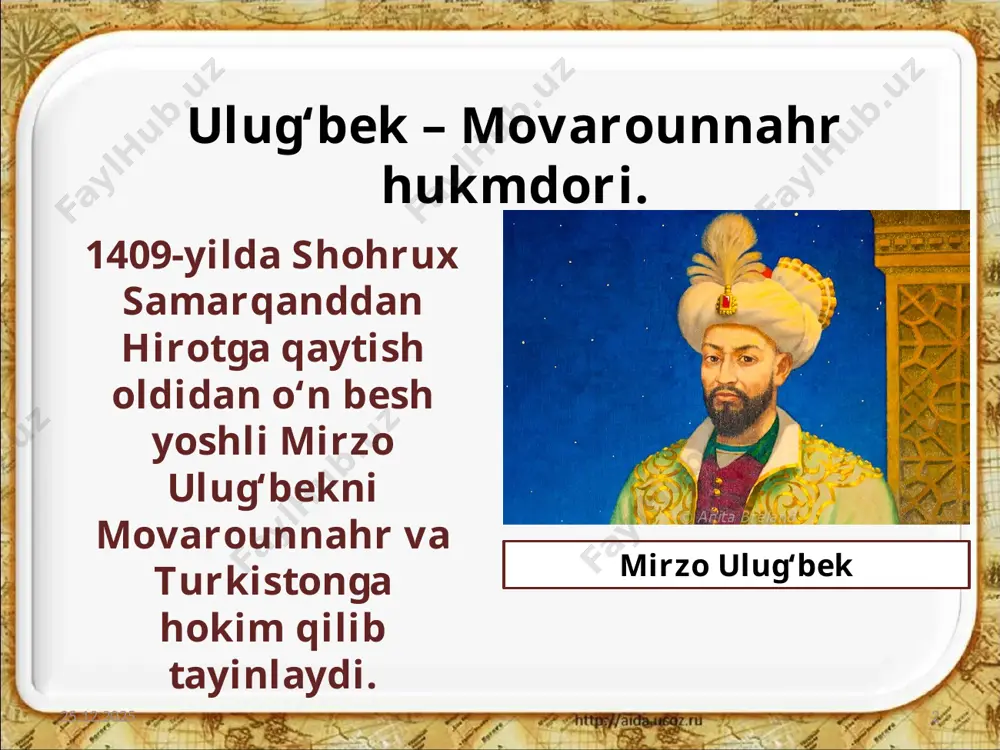 andga qaytar ekan, ulug‘bek old tomondan dashti qipchoq ko‘chmanchilarining hujumiga duchor bo‘ladi. 22.10.2019 12 shu vaqtda samarqandda vaqtinchalik noib qilib qoldirilgan ulug‘bekning kichik o‘g‘li abdulazizga qarshi samarqand amirlarining noroziligi kuchayib, ulug‘bek uni bartaraf qilishga majbur bo‘ladi. 22.10.2019 13 shu vaqtda samarqandda vaqtinchalik noib qilib qoldirilgan ulug‘bekning kichik o‘g‘li abdulazizga qarshi samarqand amirlarining noroziligi kuchayib, ulug‘bek uni bartaraf qilishga majbur bo‘ladi. 22.10.2019 14 savol va topshiriqlar: 1. ulug‘bekning movarounnahr hukmdori bo‘lishi qanday yuz berdi? 2. ulug‘bek nima uchun va qayerlarga harbiy yurishlar qildi? 3. shohrux vafotidan keyin qanday voqealar sodir bo‘ldi? 4. ulug‘bekning fojiali taqdiri haqida gapirib bering. 5. ulug‘bek 40 yillik hukmdorligida davlatni boshqarishda nimalarga e’tibor qildi? 6. padarkush abdullatif haqida sizda qanday tasavvur hosil bo‘ldi? 22.10.2019 15 image2.jpeg image3.jpeg image4.jpg image5.jpeg image6.jpeg image7.jpeg image8.jpeg image9.jpeg image10.jpeg image11.png image12.jpeg image13.jpeg image14.jpeg image1.jpeg