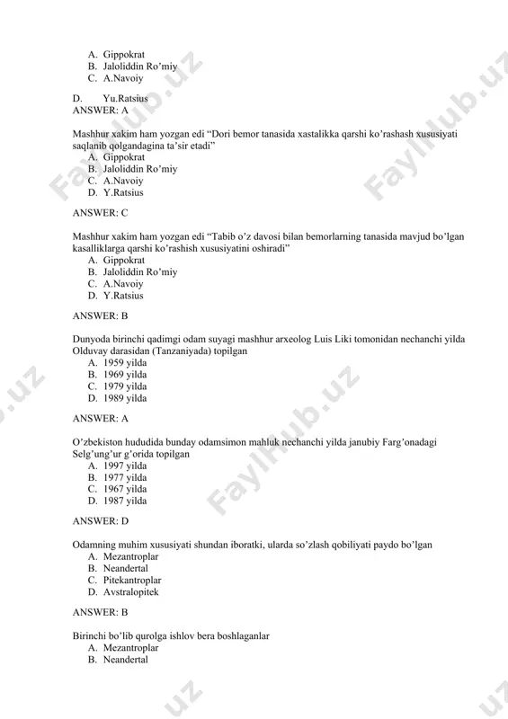 ayyorlaydigan maxsus maktablar bo‘lgan a. hamshiralarni b. doktirlarni c. tabiblarni d. feldsherlarni answer: c ebers papirusi u eramizdan oldingi nechanchi yilda yozilgan deb taxmin qiladilar a. 1500 b. 2500 c. 3500 d. 4500 answer: a chaqaloqlar va kichik yoshdagi bolalarga dori kukun shaklida nimaga qo‘shib berilgan a. suvga b. damlamaga c. sutga d. qaynagan suvga answer: c har bir misr tabibi nimalarni bilishi shart edi a. dori bilan davolashni b. afsungarlik usulini c. gipnoz qilishni d. jarroxlikni answer: b har bir retseptga qancha moddalar kiritilardi a. 5-10 b. 10-15 c. 15-20 d. 10-15 va undan ortiq answer: d misr tabiblarining ba’zi retseptlarda foydali dorilar qatorida foydasiz, hatto zararli moddalar ham uchrardi bular qaysilar a. sasigan go‘sht b. achigan sut c. hayvonlarning tezagi d. hamma javoblar tog`ri answer: d gearg ebers papirusida nima diyilgan a. o‘sha vaqtda ma’lum bo‘lgan kasalliklar va ularni davolash usullari bayon etilgan b. kishi tanasining har bir …