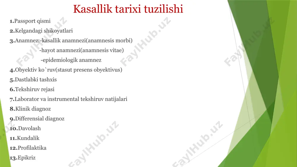 barmoqlaringizni hamda kaftingizni unga tekkizmasdan tekshirilayotgan sohaga zich qo`ying. 2.perkussiya qilinayotgan sohagao`ng qo`lning yozilgan panjasini yaqinlashtiring. 3.o`ng qo`lning o`rta barmog`i yarim bukilgan holatda va bo`sh bo`lishi kerak. 4.o`ng qo`lning sapchiydigan harakati yordamida o`rta barmoq bilan (bolg`acha barmoq,perkutor barmoq)plessimetr barmoqning distal falangalararo bo`g`imiga uring. perkussiya o`tkazilish maqsadiga ko`ra : topografik va qiyosiy perkussiya farqlanadi. topografik perkussiya-a`zolarning chegaralari va o`lchamlari(yurak,o`pka,jigar),o`pkada bo`shliqlar yoki qattiqlashgan joylar,qorin va plevra bo`shlig`ida suyuqliklar yoki havo borligi aniqlanadi. qiyosiy perkussiya-solishtiriladigan sohaning simmetrik tomonlariga bir xil kuch bilan urish yordamida bajariladi. auskultatsiya auskultatsiya-(auscultation-”eshitish”degan ma`noni anglatadi) ichki a`zolarning faoliyati natijasida kelib chiqadigan ovozlarni eshitish yordamida tashhislash usuli. bevosita auskultatsiya-inson tana sathining ma`lum nuqtalariga shifokor qulog`ini qo`yib eshitish orqali amalga oshiriladi. bilvosita auskultatsiya-maxsus asbob fonendoskop,stetoskop,steto-fonendoskop yordamida amalga oshiriladi. image1.png image2.png image3.png image4.png image5.png image6.png image7.png image8.png image9.png image10.png image11.png image12.png image13.png image14.png image15.png image16.png image17.png image18.png image19.png image20.png image21.png image22.png image23.png image24.png image25.png image26.png image27.emf microsoft_powerpoint_slide1.sldx эътиборингиз учун рахмат! /docprops/thumbnail.jpeg эътиборингиз …
