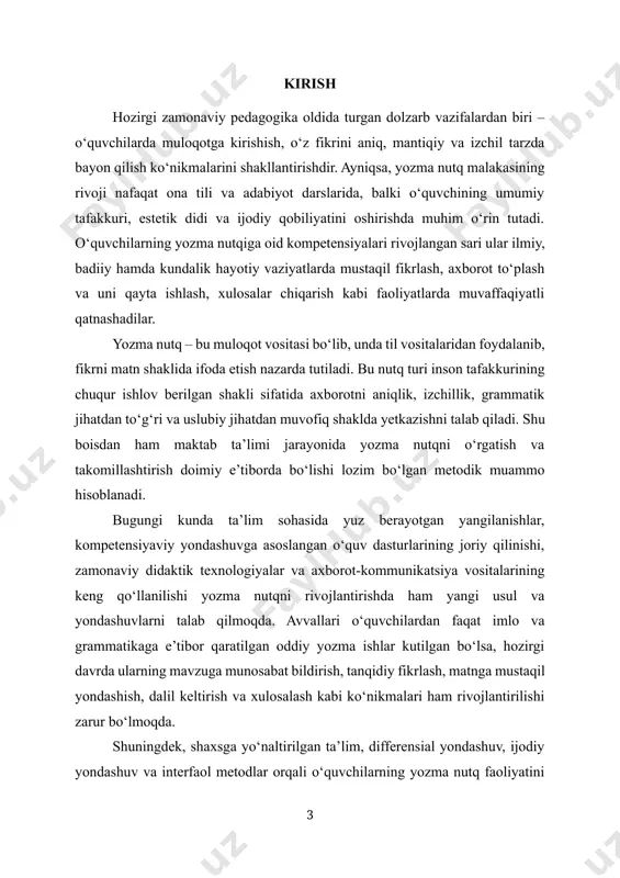 o hisoblanadi. bugungi kunda ta’lim sohasida yuz berayotgan yangilanishlar, kompetensiyaviy yondashuvga asoslangan o‘quv dasturlarining joriy qilinishi, zamonaviy didaktik texnologiyalar va axborot-kommunikatsiya vositalarining keng qo‘llanilishi yozma nutqni rivojlantirishda ham yangi usul va yondashuvlarni talab qilmoqda. avvallari o‘quvchilardan faqat imlo va grammatikaga e’tibor qaratilgan oddiy yozma ishlar kutilgan bo‘lsa, hozirgi davrda ularning mavzuga munosabat bildirish, tanqidiy fikrlash, matnga mustaqil yondashish, dalil keltirish va xulosalash kabi ko‘nikmalari ham rivojlantirilishi zarur bo‘lmoqda. shuningdek, shaxsga yo‘naltirilgan ta’lim, differensial yondashuv, ijodiy yondashuv va interfaol metodlar orqali o‘quvchilarning yozma nutq faoliyatini rag‘batlantirish, ularni fikrini mustaqil bayon etishga o‘rgatish samarali natijalar bermoqda. yozma nutqni shakllantirish faqatgina lingvistik bilimlar bilan emas, balki psixologik, madaniy va kognitiv omillar bilan ham chambarchas bog‘liqdir. shu sababli yozma nutqni rivojlantirishda integratsiyalashgan yondashuvlar muhim ahamiyat kasb etadi. ushbu tadqiqot aynan shu muammolarni tahlil etishga, zamonaviy yondashuvlarning nazariy va amaliy jihatlarini o‘rganishga, ularning samaradorligini aniqlash va takomillashtirish bo‘yicha uslubiy tavsiyalar ishlab chiqishga qaratilgan. mazkur mavzuning …