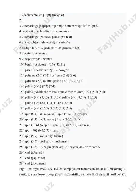 izimi} 24 \ rput (5,5) {boshqaruv moslamasi} 25 \ rput (3.5,7) {\ begin {tabular} {c} buyruqlar \\ va \\ data% 26 \ end {tabular}} 27 \ end {pspicture} 28 \ end {document} fig01.tex fayli avval latex 2ε kompilyatori tomonidan ishlanadi (misolning 1-satri), so'ngra postscript-ga (2-satr) aylantirilib, natijada fig01.ps fayli hosil bo'ladi. ghostscript⁸³ dasturidan foydalanib uni eps formatiga o'tkazamiz. buni gsview qobig'ida qilish qulayroq (menyu - file - ps eps da). konvertatsiya qilishda siz rasm o'lchamlarini avtomatik ravishda hisoblash zarurligini ko'rsatishingiz kerak. olingan eps-fayl pdf formatiga o'tkaziladi (3-satr) va olingan pdf-formatdagi rasm hujjatga avval aytib o'tilganidek qo'shiladi. 1 lateks fig01 2 dvips fig01.dvi 3 epstopdf fig01.eps ⁸³http: //pages.cs.wisc.edu/~ghost/. xy-pic⁸⁴ to'plami yordamida har xil komutativ diagrammalarni "chizish" qulay. ushbu paket latex 2ε, pdftex va xǝlatex-ni qo'llab-quvvatlaydi.paket odatdagi usulda yuklanadi: \ usepackage [options] {xy}. paket bir nechta modullardan iborat bo'lib, ularning har biri o'xshash turdagi ob'ektlarni chizish uchun funktsiyalar guruhini belgilaydi. masalan, matritsa …