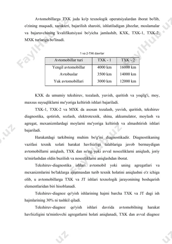h asboblari) chiqindi gazlar zararligini va yoqilg'i sarfini aniqlashdan iborat. d-2: dan asosiy maqsad avtomobilni tortish-iqtisodiy ko'rsatkichlari bo'yicha to'liq texnik holatini aniqlash va asosiy agregat, sistema va mexanizmlarning nosozligini aniqlashdan iboratdir. d-2,tx-2 dan avval o'tkazilib, ish hajmi aniqlab olinadi, hamda ishlar tugagach uning sifati nazorat qilinadi. d-2 buyurtma bo'yicha jt dan avval ish hajmini aniqlab olish uchun ham bajarilishi mumkin. txk va jt ishlari o'tkazish uchun ma'lumotlar diagnostikalash jihozlari va ko'chma asboblar yordamida olinadi. txk va jt ishlari bajarish davrida nosozliklarni aniqlash uchun "operativ-texnologik" diagnoz qo'yish(dr) usuli qo'llanilib, bunda ko'chma asboblardan foydalaniladi. sozlash ishlari deb, agregat, mexanizm va detallarni almashtirmay turib, ularni texnik holatini tiklash, ya'ni belgilangan oraliq, salt yurish kabi ko'rsatgichlarni me'yoriga keltirishga aytiladi. bu ishlar diagnoz qo'yish yoki txk va jt ishlarini natijalari asosida bajariladi. ta'mirlash ishlari o'zining xarakteri va yo'nalishi bo'yicha qayta tiklash (qt) va joriy ta'mirlash (jt) kabi turlarga bo'linadi. qt ishlay bilish qobiliyatini yo'qotgan avtomobil …