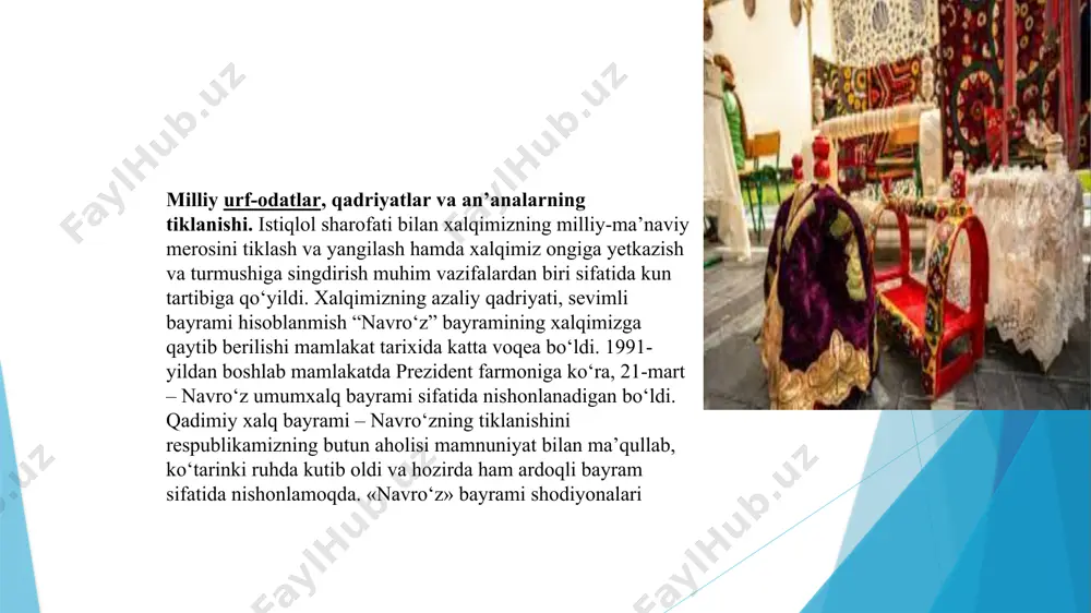at qilmoqda. mustaqillik sharofati bilan diniy qadriyatlar, diniy e’tiqod qayta tiklandi. ramazon hayiti, qurbon hayiti, qadimiy xalq bayrami navro’z qayta tiklandi, bu kunlar prezident farmoni bilan dam olish, bayram kuni bo’lib qoldi. image1.jpeg image2.jpeg image3.png image4.jpeg image5.png image6.jpeg image7.png /docprops/thumbnail.jpeg