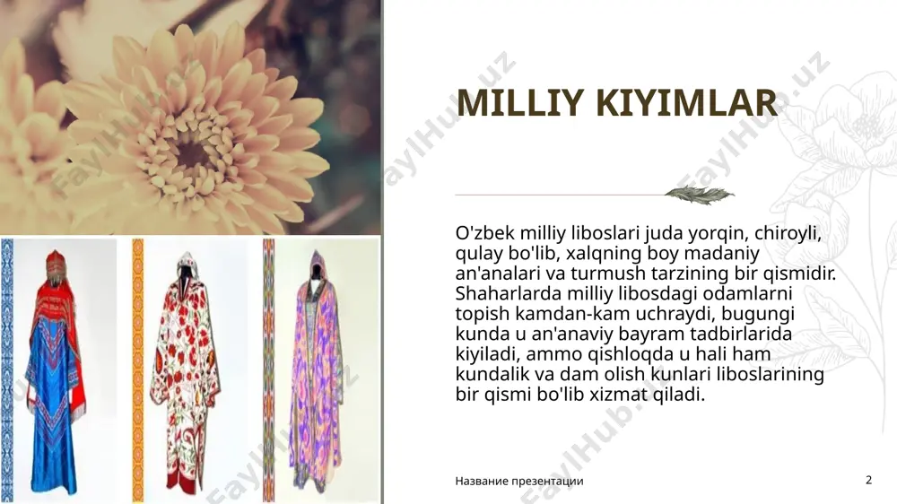 , ayolning libosida ko'k va binafsha ranglarning keng tarqalganligi erining yuqori mavqei haqida gapiradi va yashil rangli naqshlar ko'pincha dehqonlar va hunarmandlar tomonidan ishlatilgan. oyoq kiyimi mahsi (ichigʻi — orqasi yoʻq, tagligi yumshoq, toʻpigʻi yoʻq chiroyli etik) va dagʻal charmdan yoki rezinadan tikilgan etiklardan iborat boʻlgan. bu bugungi kungacha obro'ga ega bo'lgan juda qulay va issiq poyabzal edi. ayollar va erkaklar milliy bosh kiyimi. do'ppilar заголовок презентации 8 an’anaviy o‘zbek kiyimidagi asosiy detallardan biri bu bosh kiyimdir. markaziy osiyoning koʻpgina mamlakatlarida, jumladan, oʻzbekistonda milliy bosh kiyimi doʻppi hisoblanadi. do'ppi nomi turkiy "tube" dan kelib chiqqan bo'lib, "yuqori, tepa" deb tarjima qilinadi. uni erkaklar, ayollar va bolalar kiyishadi. faqat yoshi katta ayollar do'ppi kiymaydi. название презентации 9 endi yirik shaharlarda do'ppi kiygan odamni ko'rish kamdan-kam uchraydi va ko'pincha bu oilaviy va diniy bayramlar uchun kiyimning muhim detalidir. an'anaviy do'ppi tetraedral konussimon shaklga ega bo'lib, u qora rangda, 4 ta "qalampir" va …