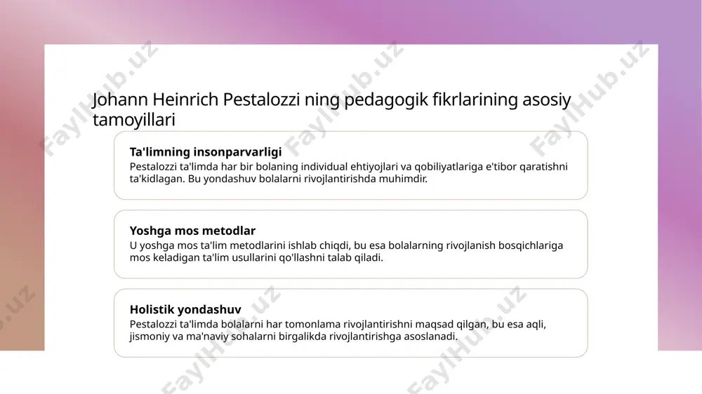 aqat aqliy rivojlanishga emas, balki jismoniy, emotsional va ijtimoiy jihatlarga ham e'tibor qaratadigan kompleks yondashuvni yaratdi. 4 zamonaviy ta'limga ta'siri pestalozzi fikrlari bugungi kunda ko'plab pedagogik metod va dasturlarda qo'llanib, shaxsiy va ijtimoiy rivojlanishni qo'llab-quvvatlamoqda. pestalozzi ta'lim falsafasining asosiy prinsiplar va zamonaviy ta'limga ta'siri. 1 inson markazli yondashuv - pestalozzi ta'lim falsafasining asosiy prinsiplaridan biri, bolalarni shaxs sifatida qabul qilish va ularning ehtiyojlari hamda qiziqishlariga mos ta'lim berishdir. bu yondashuv yordamida bolalar faol ishtirok etadi va o'zlashtirish jarayoniga yanada kengroq jalb qilinadi. 2 holistik yondashuv - pestalozzi ta'limda butun inson rivojiga e'tibor qaratadi, jismoniy, ruhiy va intellektual jihatlarni birgalikda rivojlantirishga intiladi. bu metod bolalarning muvozanatli shakllanishini ta'minlaydi. 3 amaliy metodlar - pestalozzi innovatsion ta'lim usullarini ishlab chiqdi, jumladan, sezgi rivojlantirish, amaliy faoliyat va guruh ishlari orqali o'qitishni yanada samarali qilishga intildi. bu usullar zamonaviy ta'limda ham qo'llaniladi. 4 zamonaviy ta'limga ta'sir - pestalozzi g'oyalari hozirgi kunda ham bolalar markazli yondashuvlar, …
