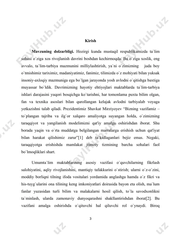 hga harakat qildik. integratsiya – “butun” degan ma`noni bildiradi, demak, bu tafakkur o`sishi jarayonining turli qism va elementlarini bitta butunga birlashtirish bo`lib hisoblanadi. ona tili ta`limiga integrativ yondashuv uning sifatini yanada oshirishga xizmat qiladi. biz mazkur bitiruv malakaviy ishimizda ona tili ta`limida integratsiyaning roli va uning ahamiyati xususida so`z yuritmoqchimiz. mazkur masalaning metodik jihatlarini tahlil qilish va integratsiyaga asoslangan darslarni ta`lim jarayonida qo`llashning uslubiy taraflarini o`rganish ushbu ishimiz mavzusining dolzarbligini belgilaydi. ishning maqsadi: ona tili darslarini integratsiyalashga oid metodikani takomillashtirish. ishning vazifasi: quyidagilardan iborat: - fanlararo integratsiya haqidagi ilmiy-metodik adabiyotlarni o`rganib chiqish; - ona tili darslarida integratsiyadan foydalanish bo`yicha ta`lim metodlarini aniqlash; - fanlararo integratsiyalab o`qitish usullarini ishlab chiqish va takomillashtirish; - integratsiyaga asoslangan yangi pedagogik texnologiyalar asosida o`qitishga yo`naltirilgan dars ishlanmalar tayyorlash. ishning obyekti: ta`lim bosqichlarining ona tili darslarida integrativ yondashuv asosidagi dars jarayoni. ishning predmeti: ona tilini o`qitishda integrativ yondashuvning mazmuni, usullari hamda uslubiy tavsiyalar. ishning tarkibi: kurs …