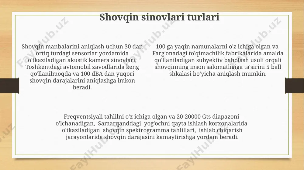 dan 20 khz gacha chastota diapazonini qamrab oladi va bu buyuk britaniyada keng tarqalgan. xavfsizlik choralari 100 дб дан юқори шовқин даражасида ишлайдиган тизимларда эшитиш ҳимоя воситалари, масалан, қулоққоплаклари ва қулоқ тиқичларини кийиш мажбурийдир, бу эса ишчиларнинг эшитиш саломатлигини ҳимоя қилади ва тошкентдаги стандартларга жавоб беради. шовулларни ўлчаш жараёнида хавфсизликни таъминлаш учун камида 2 нафар мутахассис иштирок этиши керак, уларнинг бири шовқин ўлчов асбобини бошқаради, иккинчиси эса 15 метр радиусидаги хавфсизлик зонасини назорат қилади. юқори вольтли ускуналар билан ишлашда 380v дан юқори кучланишга эга тизимларда ишлашдан олдин малакали мутахассислар томонидан хавфсизлик бўйича махсус йўриқнома ўтилганлигини тасдиқловчи ҳужжатлар тақдим этилиши керак, бу эса андижондаги талабларга мос келади. ma'lumotlarni tahlil qilish va talqin qilish ma'lumotlarni tahlil qilishda, masalan, 50 dtsb dan yuqori shovqin darajasi aniqlanganida, bu iso 1996-2 standartlariga muvofiqligi tekshirilib, tokiodagi laboratoriya ma'lumotlari bilan solishtiriladi. frekvensiya tahlili natijalariga ko'ra, 200-500 gts oralig'ida kuchli shovqin konsentratsiyasi aniqlansa, bu muammoning manbasini aniqlash va …