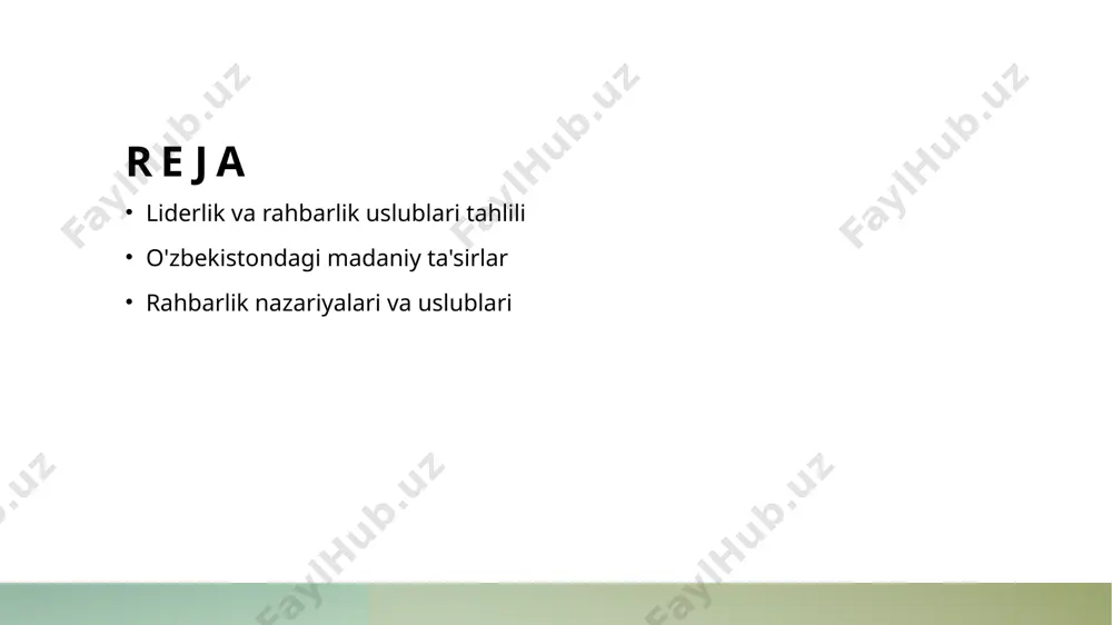 rivojlanishida muhim rol o'ynaydi. rahbarlik uslublarining samaradorligi va muvaffaqiyat omillari. 1 samaradorlikning asoslari rahbarlik uslublarining samaradorligi, xodimlar motivatsiyasi, qaror qabul qilish jarayoni va natijaviylik bilan bog'liq. samarali usullar aniq maqsadlar qo'yadi. 2 muvaffaqiyat omillari muvaffaqiyatli rahbarlik uslublari, jamoaning o'zaro munosabatlari, rahbarning vizyonu va madaniyatga moslashish kabi omillarga asoslanadi. 3 o'zbek konteksti o'zbekistondagi rahbarlik uslublarida an'anaviy qadriyatlar va zamonaviy yondashuvlar birlashtirilishi, muvaffaqiyatni oshiradi va jamoaviy ishni kuchaytiradi. o'zbekistondagi rahbarlik uslublarining madaniy konteksti. 1 o'zbek rahbarlik uslublari o'zbekistondagi rahbarlik uslublari, ko'pincha an'anaviy madaniyat va ijtimoiy qadriyatlarga asoslangan holda rivojlanadi, bu esa rahbarlarning qaror qabul qilish jarayonini ta'sir qiladi. 2 madaniyatning roli o'zbek madaniyati rahbarlik uslublariga kuchli ta'sir ko'rsatadi, an'anaviy qadriyatlar va oilaviy aloqalar rahbarlikni yanada samimiy va jamoaviy qiladi. 3 zamonaviy o'zgarishlar globalizatsiya va texnologik rivojlanish, o'zbekistondagi rahbarlik uslublarini modernizatsiya qilishga turtki bo'lib, yangi yondashuvlar va innovatsiyalarni kiritmoqda. madaniyat va rahbarlik: o'zbekistondagi an'anaviy yondashuvlar. 1 an'anaviy yondashuv o'zbekistonda rahbarlik an'anaviy yondashuvlari, ko'p …