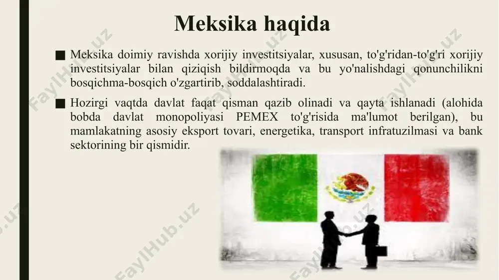 orijiy investitsiyalar uchun juda ochiq bo'lishidan tashqari, mamlakat jahon iqtisodiy tartibiga juda yaxshi integratsiyalashgan: u nafta, oecd, g20 va tinch okeani ittifoqi a'zosi. u strategik geografik joylashuvga ega va shimoliy amerika va lotin amerikasiga tranzit platformasi vazifasini bajaradi. mamlakat turli xil tabiiy resurslarga ega, bu esa barcha turdagi tarmoqlarni juda raqobatbardosh narxlarda rivojlantirish imkonini beradi. ishchi kuchining narxi (yosh va mo'l ishchi kuchi) unchalik yuqori emas va nisbatan yaxshi malakaga ega. mamlakat dunyodagi ettinchi yirik sayyohlik yo'nalishi bo'lib, parallel ravishda yirik va muhim sanoat bazasiga ega. meksikaga sarmoya kiritish uchun hali ko'p to'siqlar mavjud: mamlakat ko'p jihatdan amerika qo'shma shtatlari bilan hamkorligiga tayanadi va shuning uchun erkin savdo shartnomasidagi har qanday o'zgarishlarga qarshi himoyasizdir. korruptsiya darajasi yuqori, jinoyatchilik darajasi ortib bormoqda mamlakat muhim tarkibiy muammolarga (iqtisodiy va ijtimoiy) duch kelmoqda. ba'zi sektorlar meksika shtati yoki meksika fuqarolari uchun ajratilgan muayyan sohalarda juda kuchli raqobat neft narxlarining o'zgarishiga zaif iqtisodiyot infratuzilma …