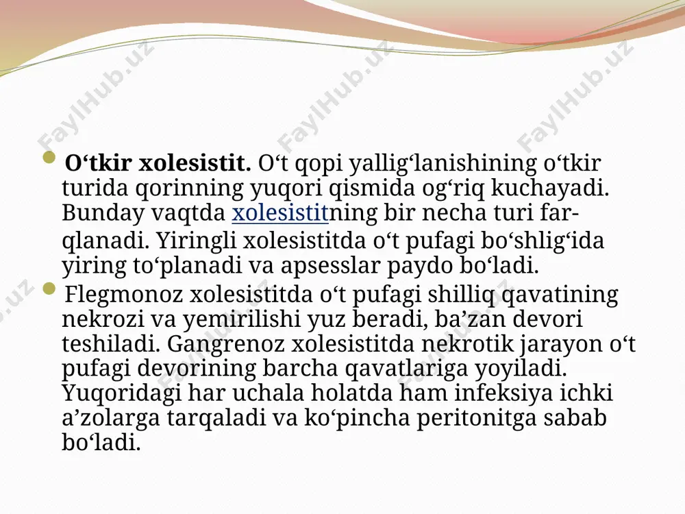 im hisoblanadi. bemor umumiy holatining yomonlashuvi bilan o’tadigan, qorinda qattiq og’riq paydo bo’lishi, qorin bo’shlig’idagi jiddiy tahdiddan darak beruvchi himoya belgilardan biri hisoblanadi. peritonit diagnostikasida qayt qilish, uning mahsuloti yoki tarkibi, necha martaba qaytalanishini aniqlash alohida o’rin tutadi. tilni tekshirish asosiy omillaridan biri hisoblanib, organizmda suyuqlikning depolanishi, degidratatsiya rivojlanayotganiga bog’liq bo’ladi. peritonitda til «cho’tka» singari quruq bo’lishi kuzatiladi. ma‘lumot o‘rnida shuni aytishimiz mumkinki, choklarga ular bitib ketguncha suv tegishi mumkin emas. peritonit jarrohligidan keyin 75-90% hollarda chandiqlar yuzaga keladi. lekin, buning 10% idagina chandiq kasalligi hosil bo‘lishi mumkin. chandiqning kichik bo‘lishi bemor kasallikning boshlang‘ich davrida murojaat etishi hamda shifokor mahoratiga bog‘liq! taxminan 85% hollarda qorin bo’shlig’ining birorta a’zosidagi patomorfologik o’zgarishlar belgilari bilan parallel holda rivojlanadi va tashxis qo’yishni osonlashtiradi. biroq, o’tkir xirurgik kasalliklarning taxminan 15% hollarda mahalliy belgilar noaniq xarakterda bo’ladi, ba’zida umumiy belgilar ham noaniq bo’lishi mumkin. bunday hollarda og’riq xuruji xarakteriga alohida e’tibor berish kerak. o’tkir xirurgik kasalliklarda …
