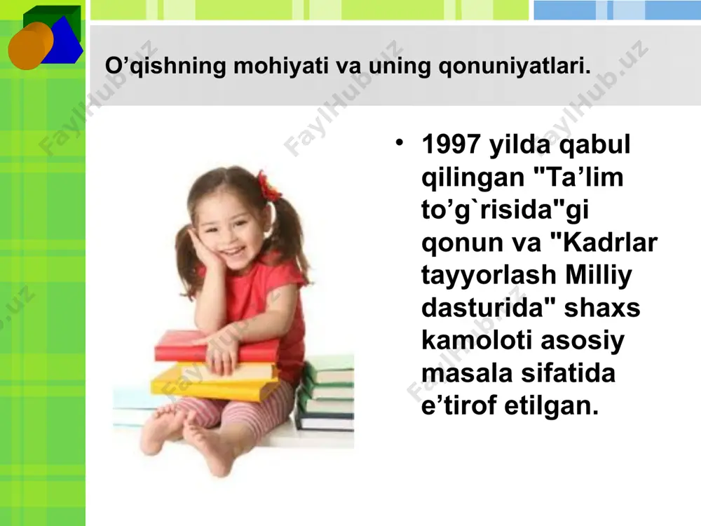 va rivojlanish muammosiga doir qator nazariyalar ishlab chiqilgan bo’lib, ulardan biri: ta’lim va rivojlanish muammosiga doir qator nazariyalar ishlab chiqilgan bo’lib, ulardan biri: aqliy hatti-harakatlar, bilimlar, malaka va ko’nikmalarni bosqichma-bosqich rivojlantirish nazariyasi (p.ya.galperin). xulosa umumiy psixologiya kursidan ma’lumki, idrok bu narsa va hodisalarni sezgi organlariga ta’sir etishi natijasida ularning kishi psixikasida yaxlit obrazini paydo bo’lishi bo’lib, idrok etish jarayoni ta’limda turli formalarda o’qituvchining og`zaki xikoya qilishida, suxbat o’tkazishda, lekstiya o’qishida, ko’rgazmali qurollar ko’rsatish, ekskursiyalar o’tkazish, axborot va pedagogik texnologiyalaridan foydalanish, o’quvchining o’ziga darsliklar hamda boshqa qo’llanmalarni o’qitish tarzida o’tishi mumkin. ta’lim olish jarayoni insondagi motivlar bilan bevosita bog`liq bo’lib, uning mohiyati - inson xulq-atvorining ichki barqarorligi, harakatga undovchi tushunchada ifodalanadi. ta’lim jarayonida o’qish motivlari "nima uchun?", "nimaga?", "qanday maqsad bilan?" kabi savollar asosida yuzaga keladi. motivlar birinchidan, o’quv faoliyatiga undasa, ikkinchidan, maqsadga erishish uchun zarur yo’l va usullar tanlashga yordam beradi. o’quv faoliyatida o’quv motivlar o’quvchilar tomonidan tanlanib, ular o’quvchining …