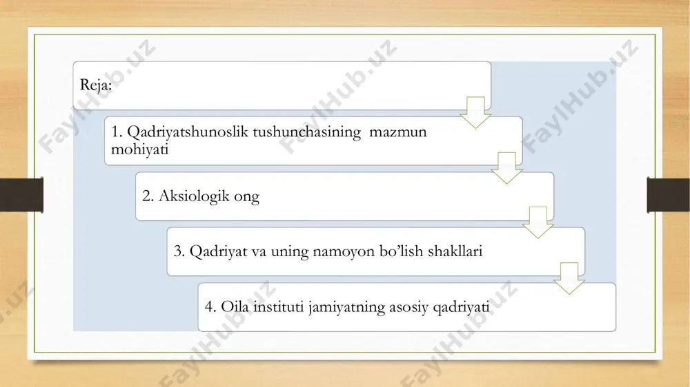 nazaridan bayon qilingan. • navoiyning odil jamiyat to‘g‘risidagi qarashlarida umum ijtimoiy qadriyatlar tizimi, komil inson ta’limotida esa eng yetuk inson qiyofasiga xos shaxsiy qadriyatlar tizimi ta’riflangan. • bunda ikki qadriyatlar tizimining aloqadorligi yaqqol ko‘rinib turadi. mutafakkirning ma’naviy qadriyatlar to‘g‘risidagi g‘oyalari bugungi mustaqillik sharoitida katta ahamiyat kasb etmoqda. • qadriyatshunoslik asosan qadriyatlar, ularning namoyon bo‘lish shakllari, qadrlash xissi, qadrlash tuyg‘usi, qadriyatli munosabat va aksiologik yondashuv, ijtimoiy taraqqiyot jarayonida qadriyatlar sohasidagi o‘zgarishlar, qadrlash va qadrsizlanish muammolari, tarixni aksiologik tushunish, qadriyat tizimlarining amal qilish xususiyatlari to‘g‘risidagi masalalarni o‘rganadi. • aksiologik ong – qadriyatlarni anglash jarayonida vujudga keladigan, qadrlash tuyg‘usi, aksiologik tushuncha, xulosalarni ifodalaydigan va aks ettiradigan ijtimoiy ong shaklidir. aksiologik ong: aksiologik hissiyot aksiologik idrok qadrlash tuyg‘usi aksiologik kechinmalar qadriyat mazmunini ifodalaydigan tushuncha, xulosa va tafakkur bilan uzviy bog‘liqdir. • aksiologik dunyoqarash – ijtimoiy dunyoqarashning o‘ziga xos tarkibiy qismlaridan biri sifatida, kishilarning voqelikka qadriyatli munosabati va faoliyatining yo‘nalishini belgilaydigan aksiologik - • qarashlar …
