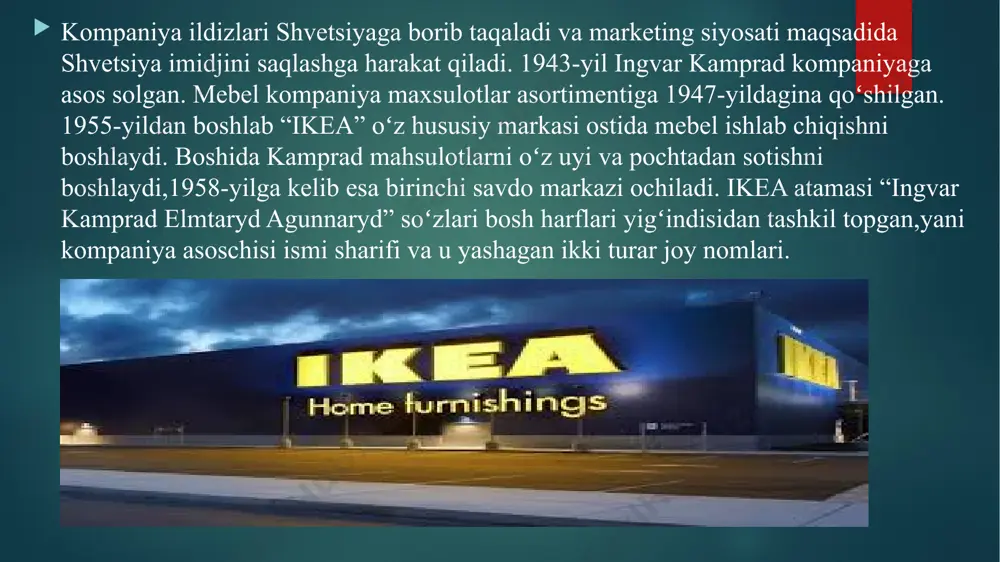 kibidir. meros jamoasi, kompaniyaning asosiy siyosatlarini belgilab, strategik qarorlar qabul qilishda va boshqa boshqaruv masalalarda ishtirok etadi. 4. boshqaruv tamoyillari: ikea, "demokratik boshqaruv" tamoyilini amalga oshiradi. bu tamoyil, boshqaruv jarayonida ishtirok etuvchi kishilarning tomonidan qo'llaniladigan hamkorlik, targ'ibot qilish va ish birliklarini o'rnatish prinsipiga asoslangan. boshqaruv tizimida, ishchi va hodimlar o'z fikrlarini bildirish va qo'shimcha qo'llab-quvvatlash imkoniyatiga ega bo'ladi. 5. dizayn va taqsimlash: ikea, do'konlarining dizayni va tovarlarning taqsimlashi bilan ham boshqaruv qiladi. do'konlar o'ziga xos tartib va tuzilishiga ega bo'lib, mijozlarga mahsulotlarni ko'rish, sinash va tanlash imkoniyatini beradi. mahsulotlar flat paketda taqsimlangan holda yetkazib beriladi va mijozlar o'zlarining o'rnatish va tuzatish jarayonida ishtirok etishlari mumkin. 6. biznes modeli: ikea-ni biznes modeli, sifatli mebellarni qulay narxlarda taqdim etishga asoslangan. ular, o'zlarining mehnatkorlar tomonidan ishlab chiqarilgan mahsulotlarni o'zining o'ziga xos brending va dizayn uslubi bilan sotishda ishtirok etadilar. ikea kompaniyasining boshqaruv tizimi, innovatsion prinsiplar, korporativ struktura, demokratik boshqaruv tamoyillari va dizayn va …