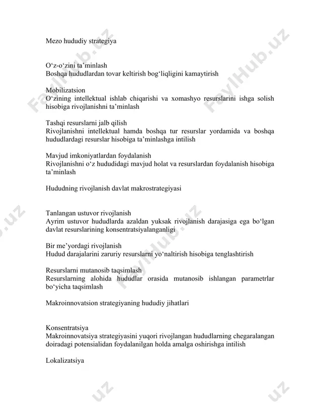 g tuzilishi va tarkibi 16.3. hududiy strategiyaning iqtisodiy 3. hududiy strategiyaning iqtisodiy motivatsiya ta’minoti motivatsiya va stimullar tizimi ikki ko‘rinishda bo‘lishi mumkin: fediral va hududiy. federal ko‘rinish quyidagi elementlarga ega: -tashqi hududlarga sarmoya uchun mavjud bo‘lgan soliq imtiyozlari; -aniqlangan hududlarga investitsiya subsidiyalari; -yangi ish joylari tashkil etish uchun mukofotlar; -ijtmoiy ta’minot va kadrlar tayyorlash uchun subsidiyalar; -ko‘chmas mulk va yer uchastkalarini bozor narxlarida sotib olish uchun subsidiya va kreditlar; -iqtisodiy o‘sish dasturiga kirgan hududlarga davlat moliyaviy (to‘g‘ri)yordami; -periferiyada joylashgan ilmiy tashkilotlar uchun soliq imtiyozlari; -hududlarda filiallarini tashkil etayotgan oliy o‘quv yurtlari uchun mukofot, subsidiya va imtiyozli kreditlar; -mintaqaviy -investitsiya resurslarini harakatga keltirishdagi hududiy rayonlar. -yangi tashkil etilayotgan ilmiy-ishlab chiqarish uchun soliq imtiyozlari. -yangi korxonalarni hisobga olishdagi imtiyozlar. 12-jadval hududiy ilmiy – texnik kompleks yangi kiritishlarning klassifikatsiyasi klasifikatsiya alomatlari komplekslar turi va ularning vazifa hamda masalalari funksional alomat hududning moddiy, umumta’limiy, intelektual darajalar va ilmiy-texnik potensial hajmini ko‘paytirish-yuksak texnalogiyalar «nou-xou», ilmiy …